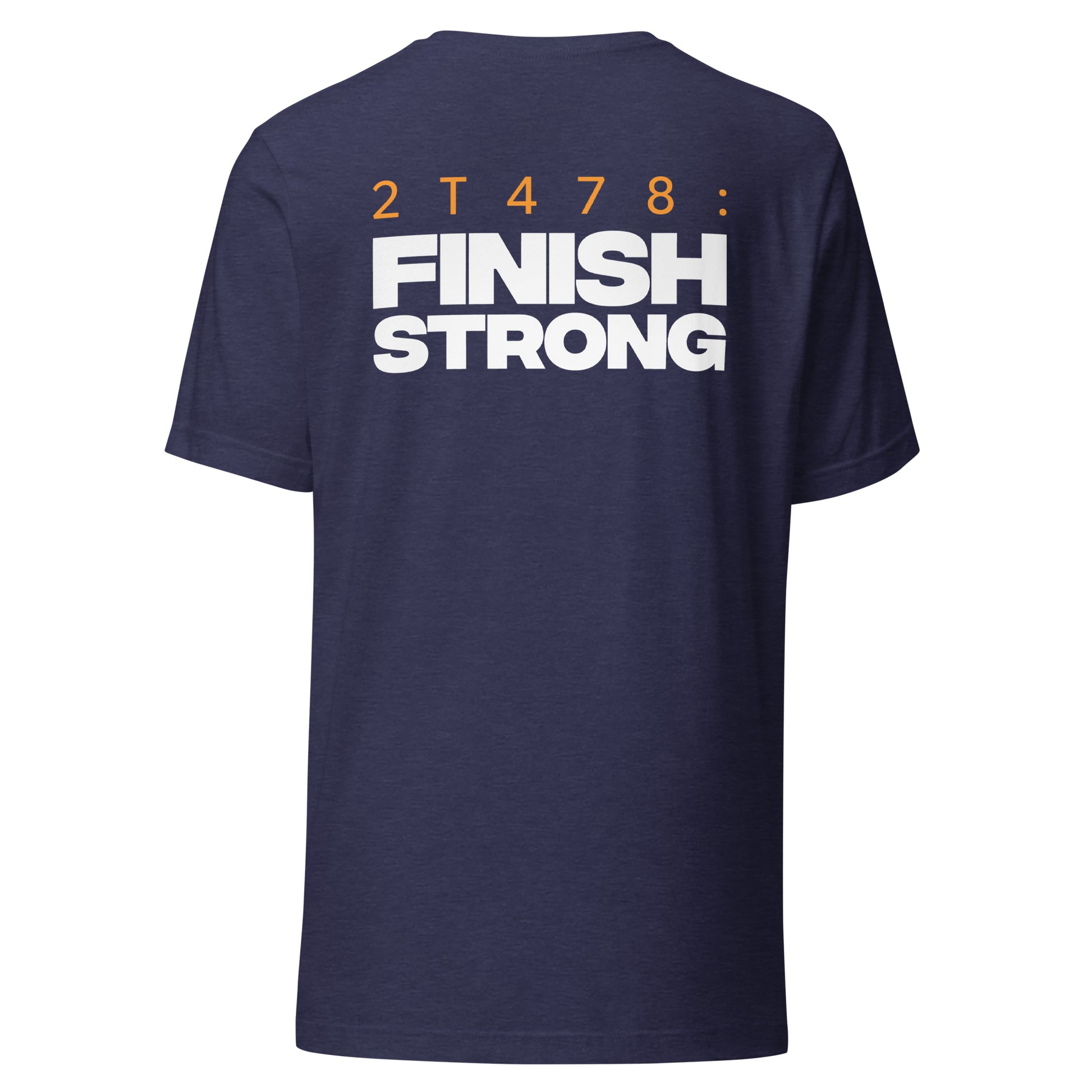 Men's Christian verse-code tee in heather navy — Finish Strong, 2 Timothy 4:7-8 (2T478) | TRŪ Wear