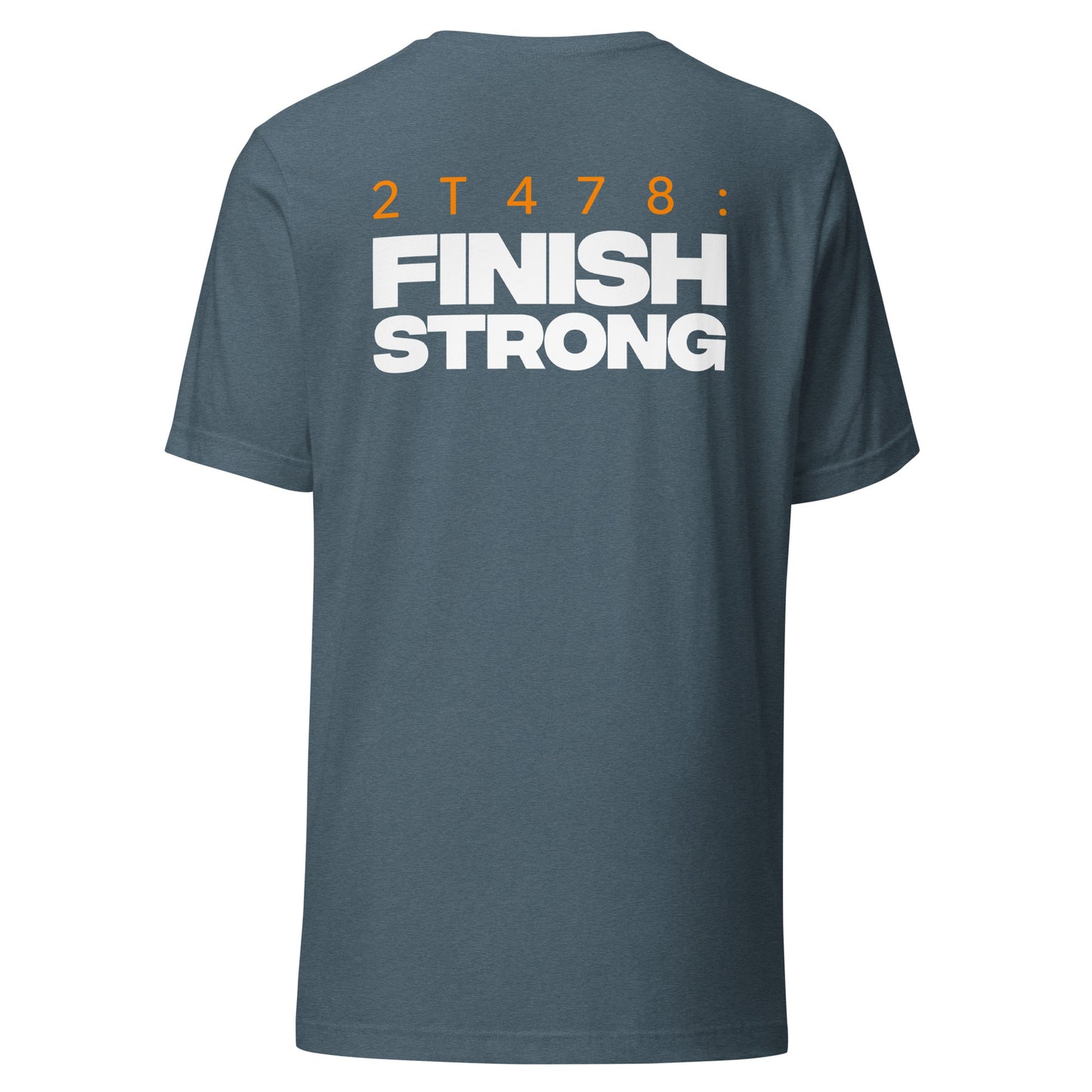 Men's Christian verse-code tee in heather slate — Finish Strong, 2 Timothy 4:7-8 (2T478) | TRŪ Wear