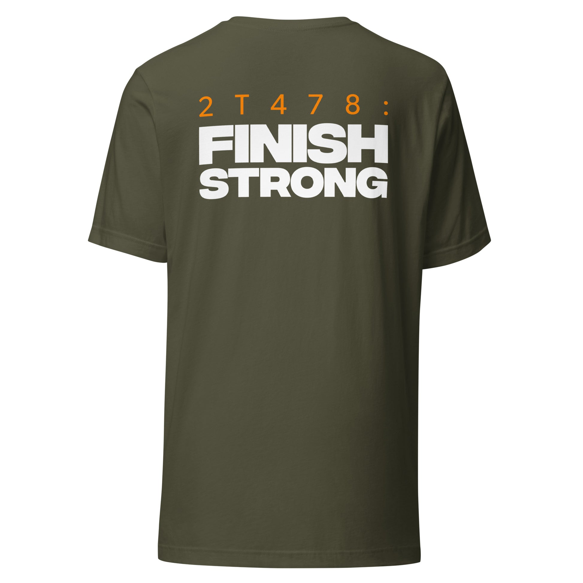 Men's Christian verse-code tee in military green — Finish Strong, 2 Timothy 4:7-8 (2T478) | TRŪ Wear