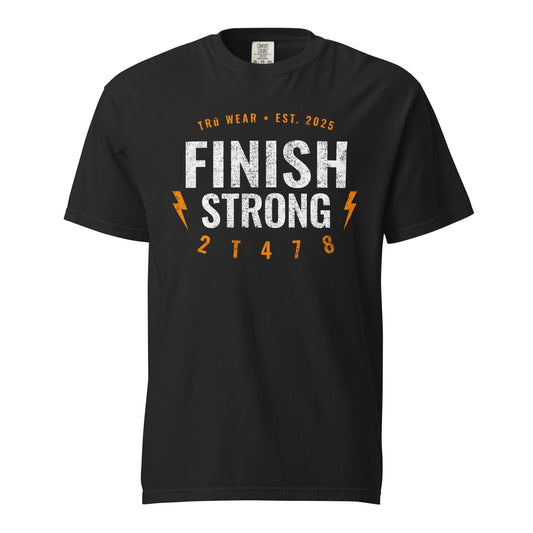 Finish Strong heavyweight garment dyed tee front print in black with verse code 2T478 for 2 Timothy 4:7-8.