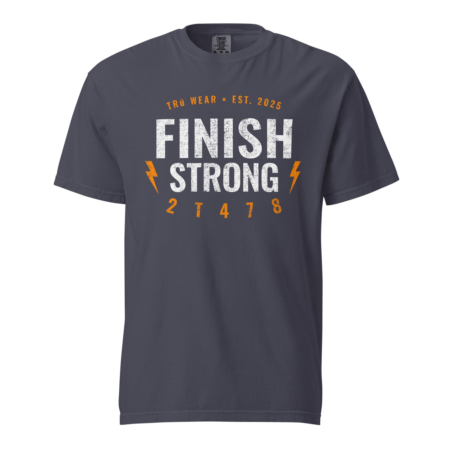 Finish Strong heavyweight garment dyed tee front print in navy blue with verse code 2T478 for 2 Timothy 4:7-8.