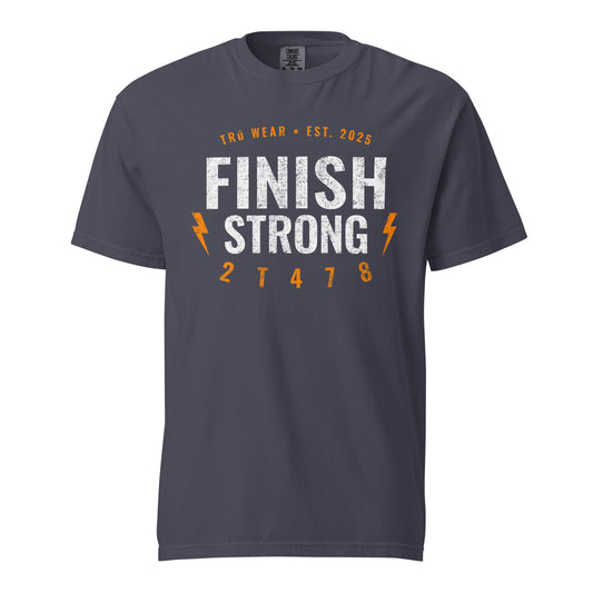 Finish Strong heavyweight garment dyed tee front print in navy blue with verse code 2T478 for 2 Timothy 4:7-8.
