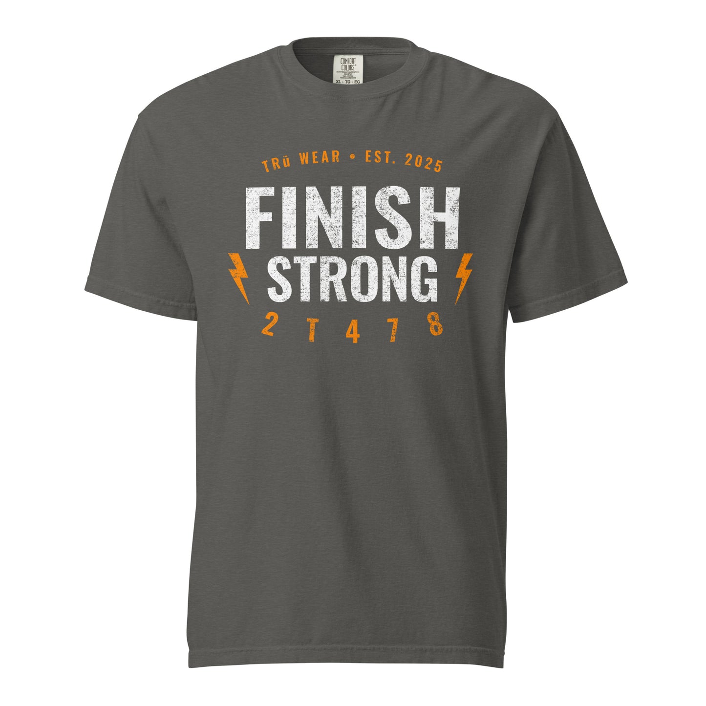 Finish Strong heavyweight garment dyed tee front print in pepper grey with verse code 2T478 for 2 Timothy 4:7-8.