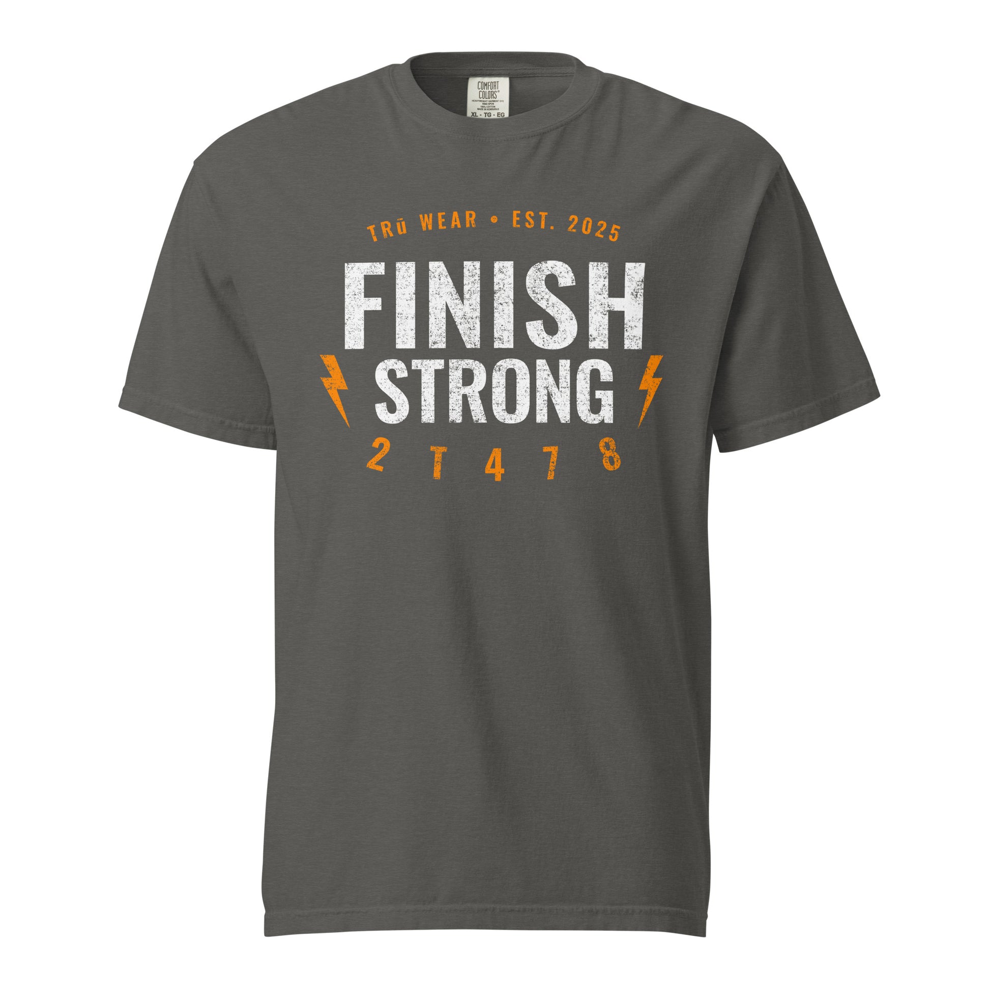 Finish Strong heavyweight garment dyed tee front print in pepper grey with verse code 2T478 for 2 Timothy 4:7-8.