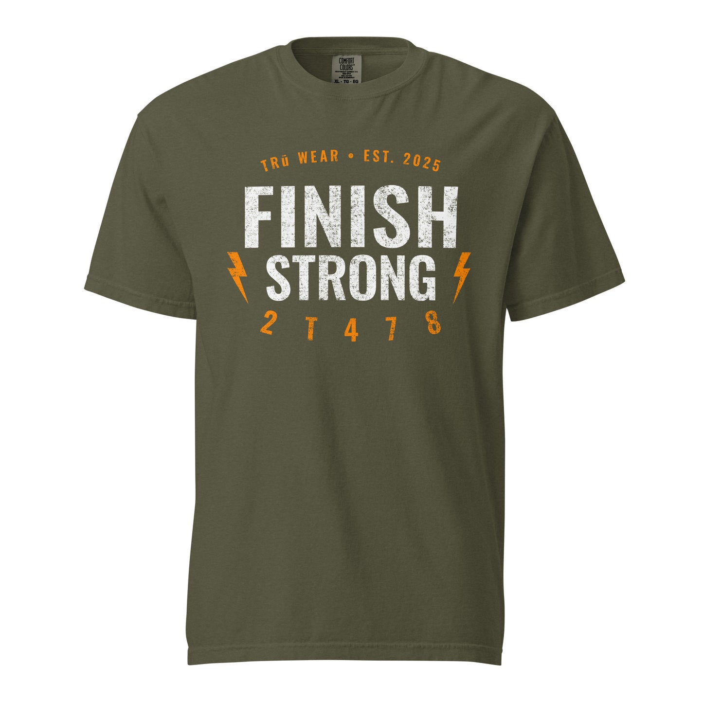 Finish Strong heavyweight garment dyed tee front print in sage green with verse code 2T478 for 2 Timothy 4:7-8.