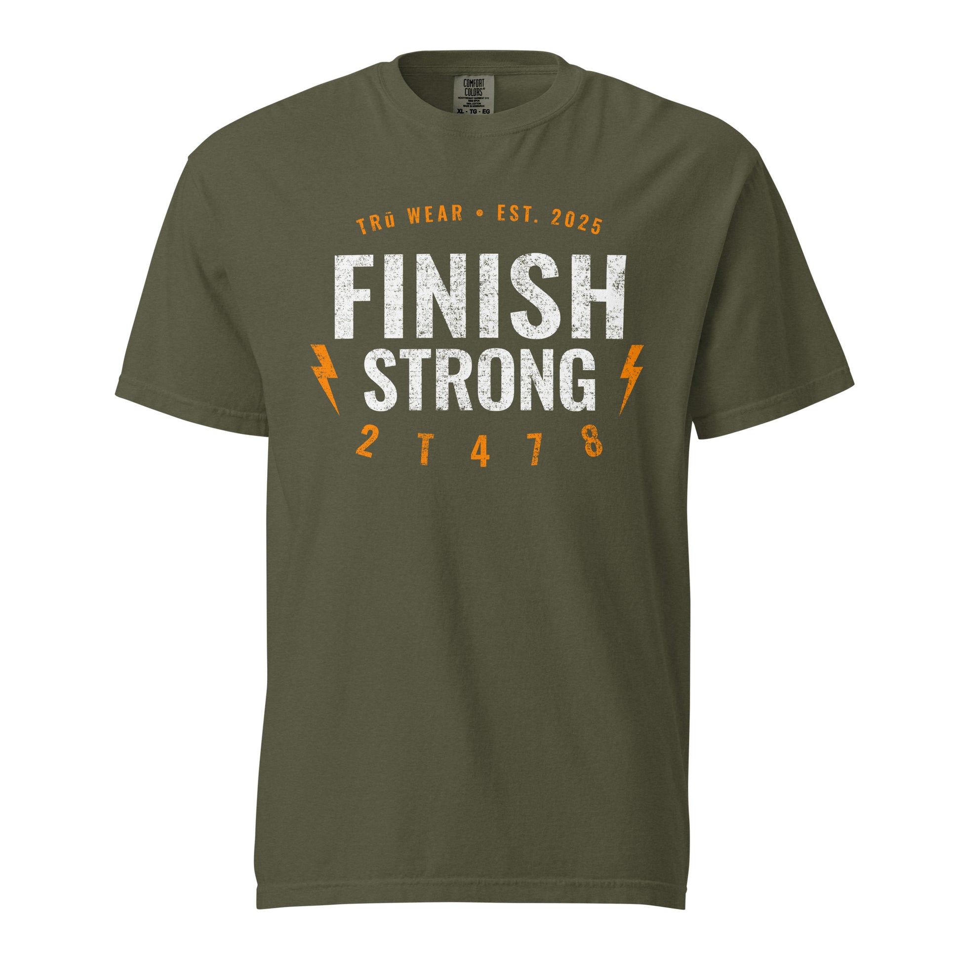 Finish Strong heavyweight garment dyed tee front print in sage green with verse code 2T478 for 2 Timothy 4:7-8.