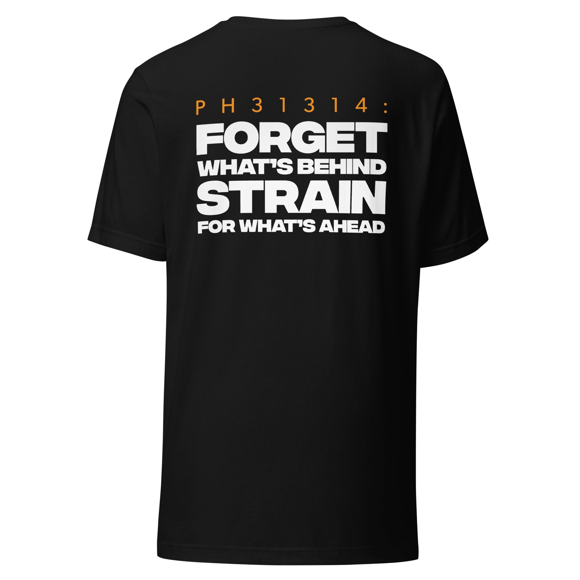 Men's Christian verse-code tee in black — Forget What's Behind, Philippians 3:13-14 (PH31314) | TRŪ Wear