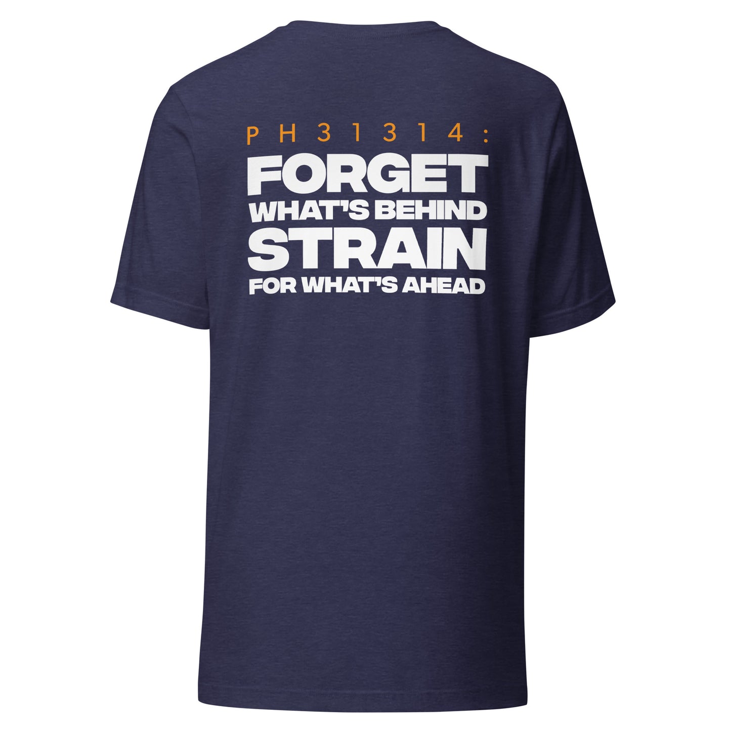 Men's Christian verse-code tee in heather navy — Forget What's Behind, Philippians 3:13-14 (PH31314) | TRŪ Wear