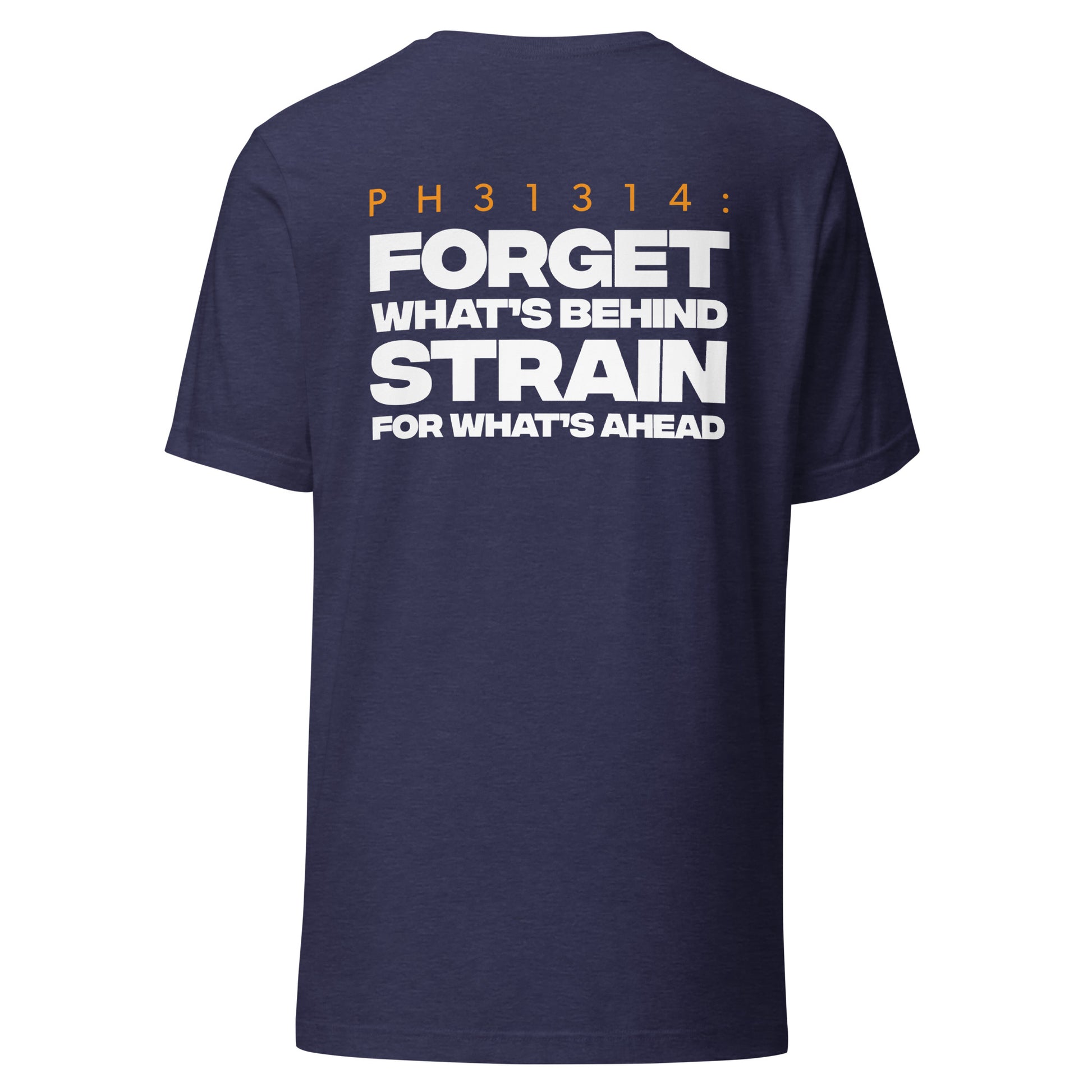 Men's Christian verse-code tee in heather navy — Forget What's Behind, Philippians 3:13-14 (PH31314) | TRŪ Wear