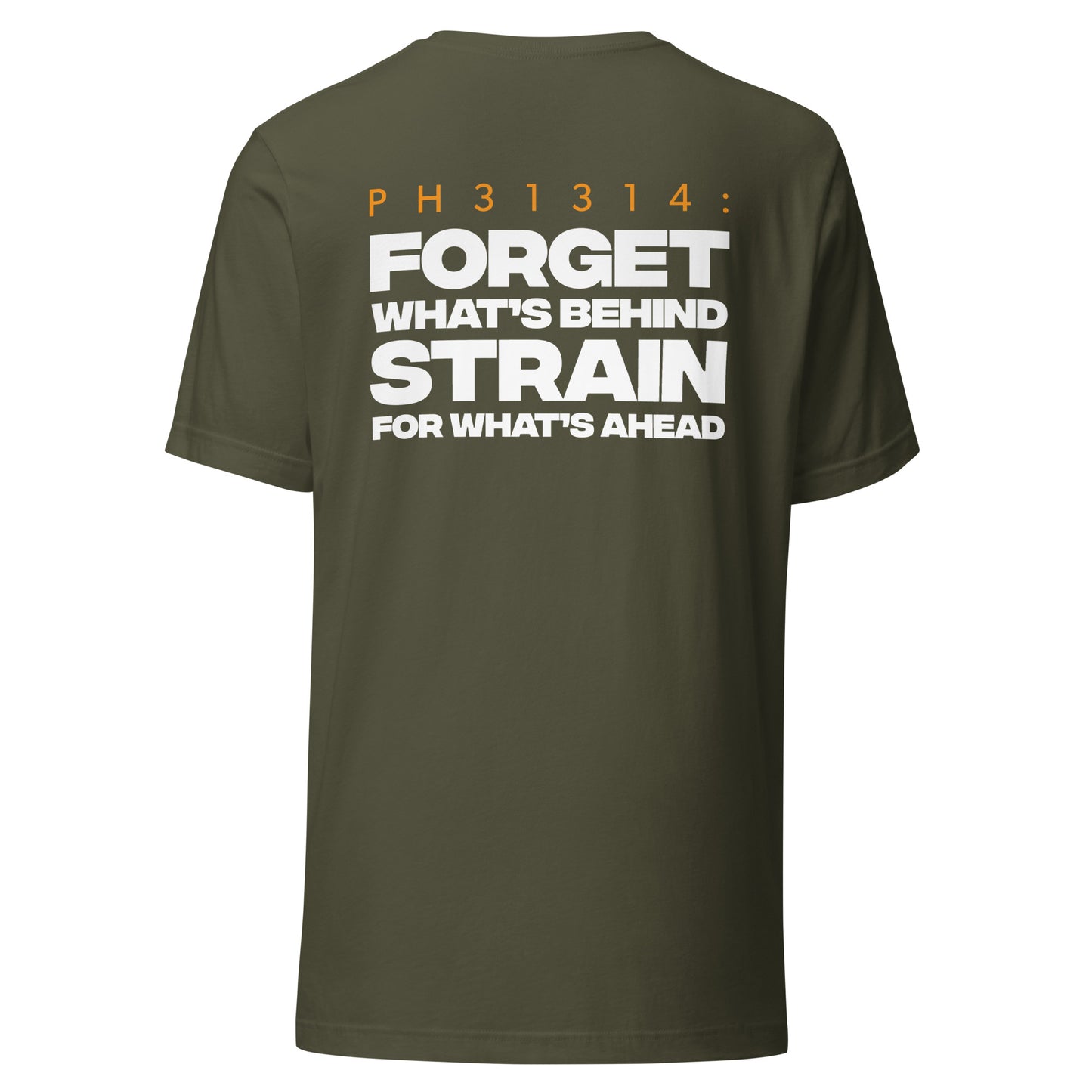 Men's Christian verse-code tee in military green — Forget What's Behind, Philippians 3:13-14 (PH31314) | TRŪ Wear