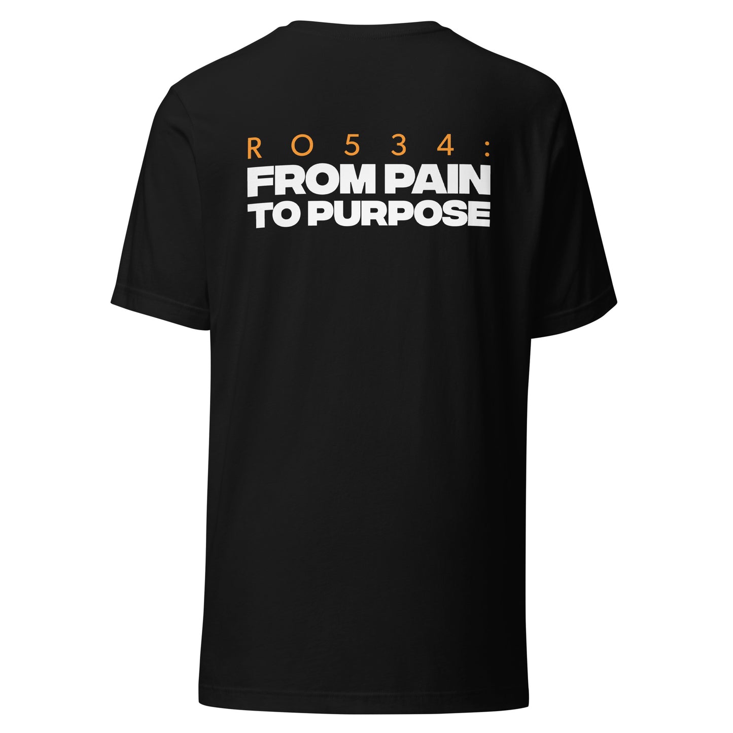 Men's Christian verse-code tee in black — From Pain To Purpose, Romans 5:3-4 (RO534) | TRŪ Wear