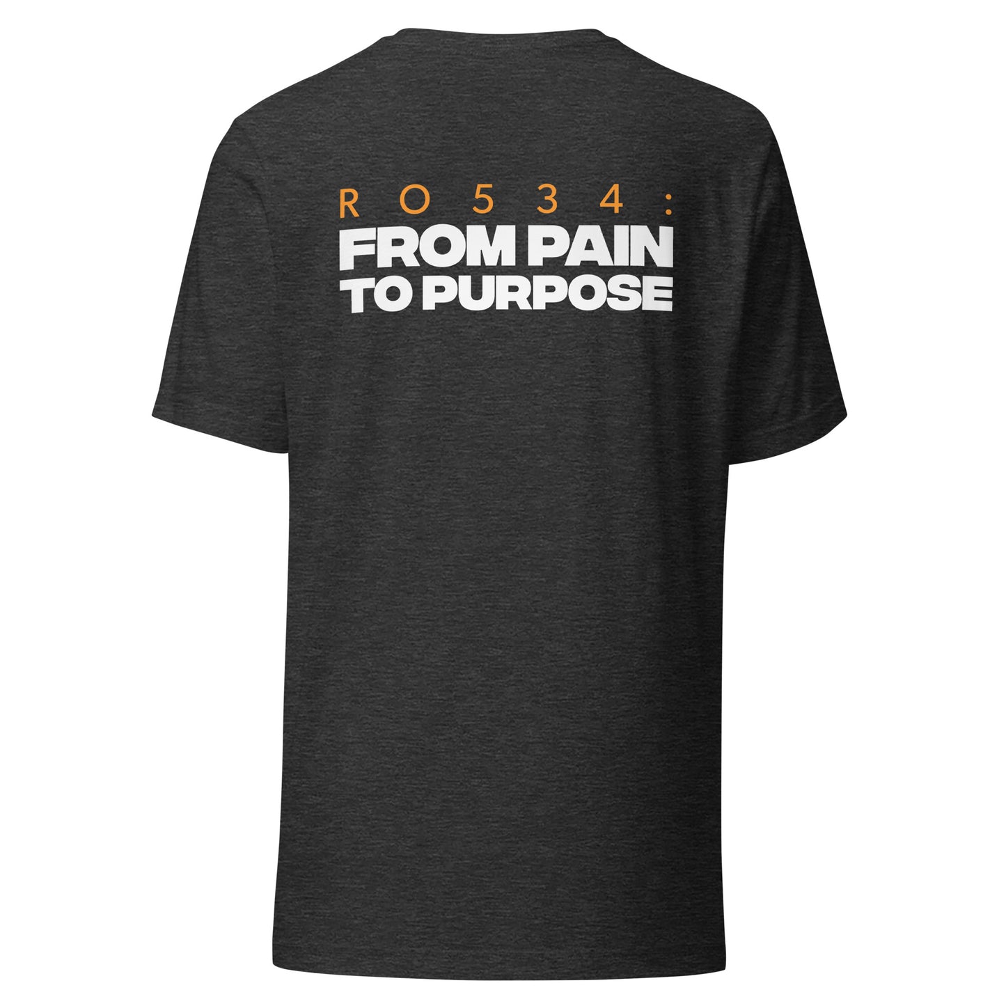 Men's Christian verse-code tee in dark grey heather — From Pain To Purpose, Romans 5:3-4 (RO534) | TRŪ Wear