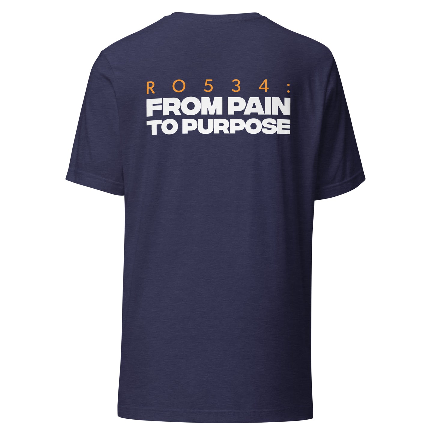 Men's Christian verse-code tee in heather navy — From Pain To Purpose, Romans 5:3-4 (RO534) | TRŪ Wear