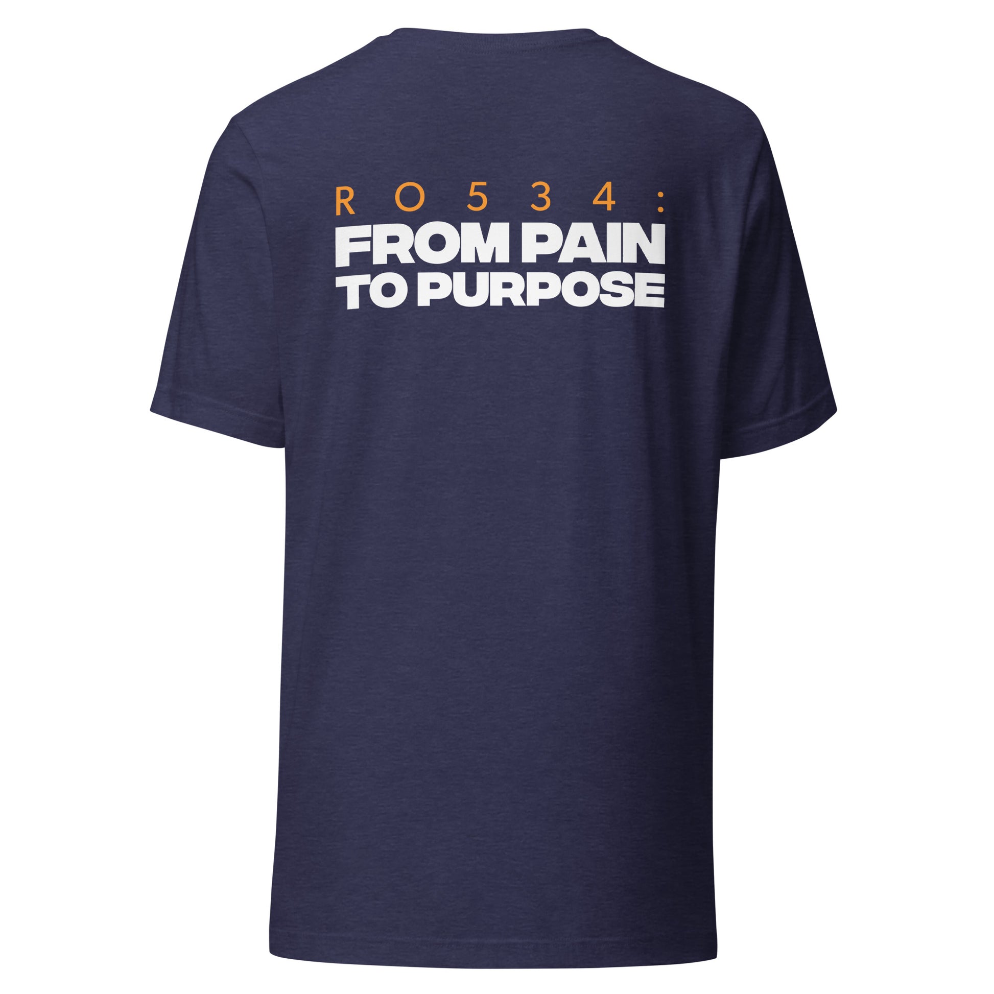 Men's Christian verse-code tee in heather navy — From Pain To Purpose, Romans 5:3-4 (RO534) | TRŪ Wear