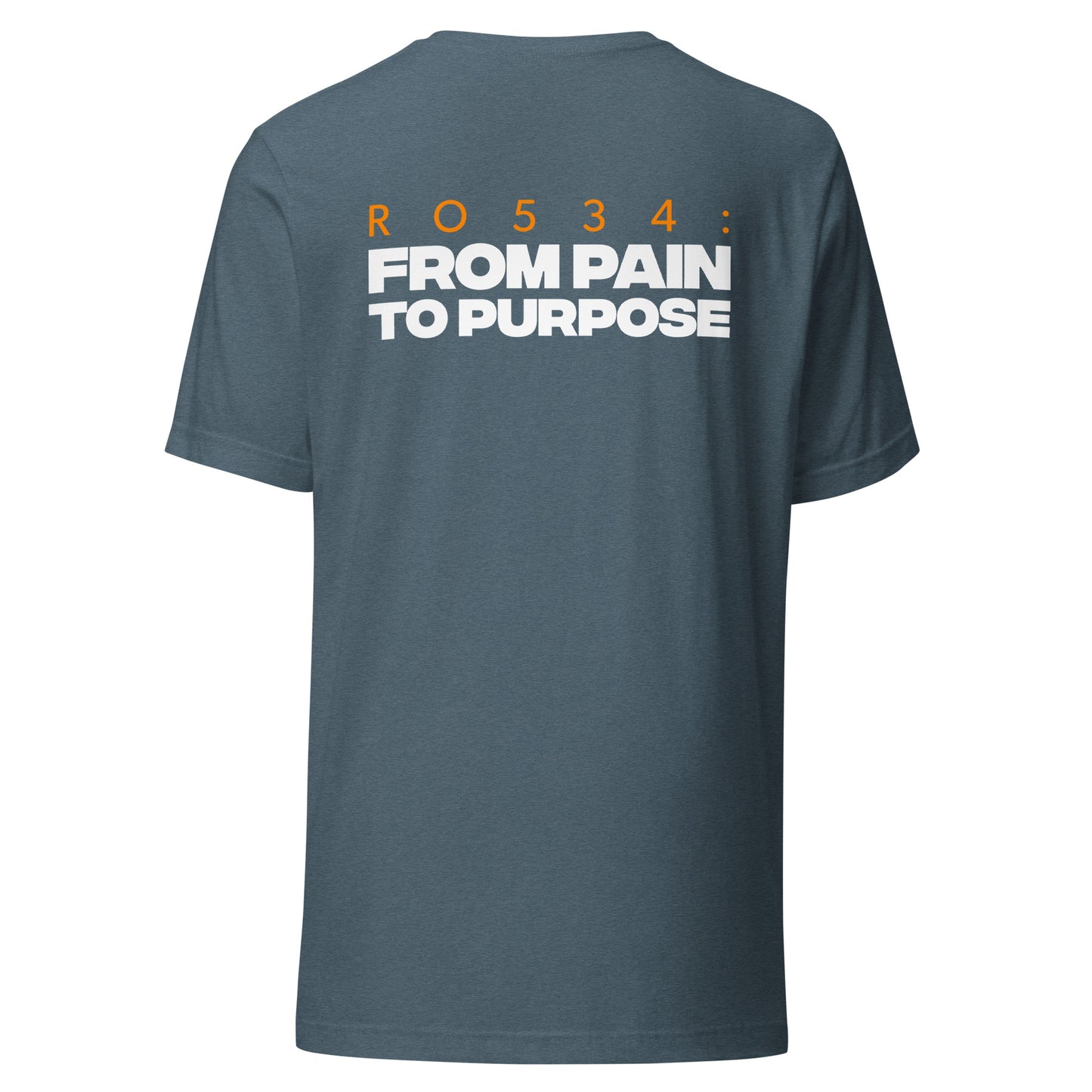 Men's Christian verse-code tee in heather slate — From Pain To Purpose, Romans 5:3-4 (RO534) | TRŪ Wear