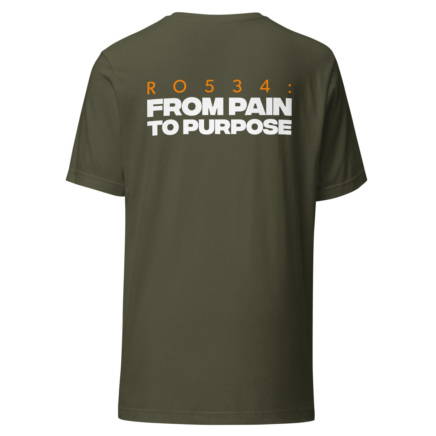 Men's Christian verse-code tee in military green — From Pain To Purpose, Romans 5:3-4 (RO534) | TRŪ Wear
