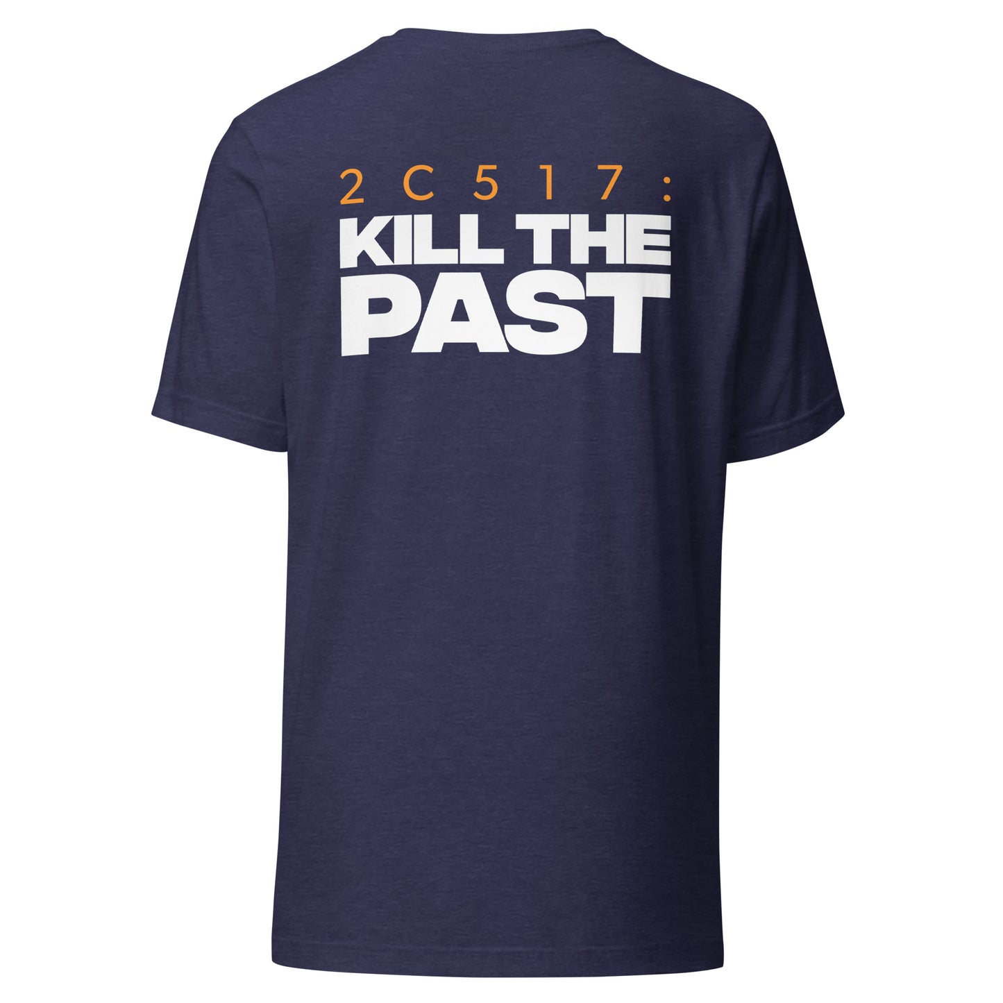 Men's Christian verse-code tee in heather navy — Kill The Past, 2 Corinthians 5:17 (2C517) | TRŪ Wear