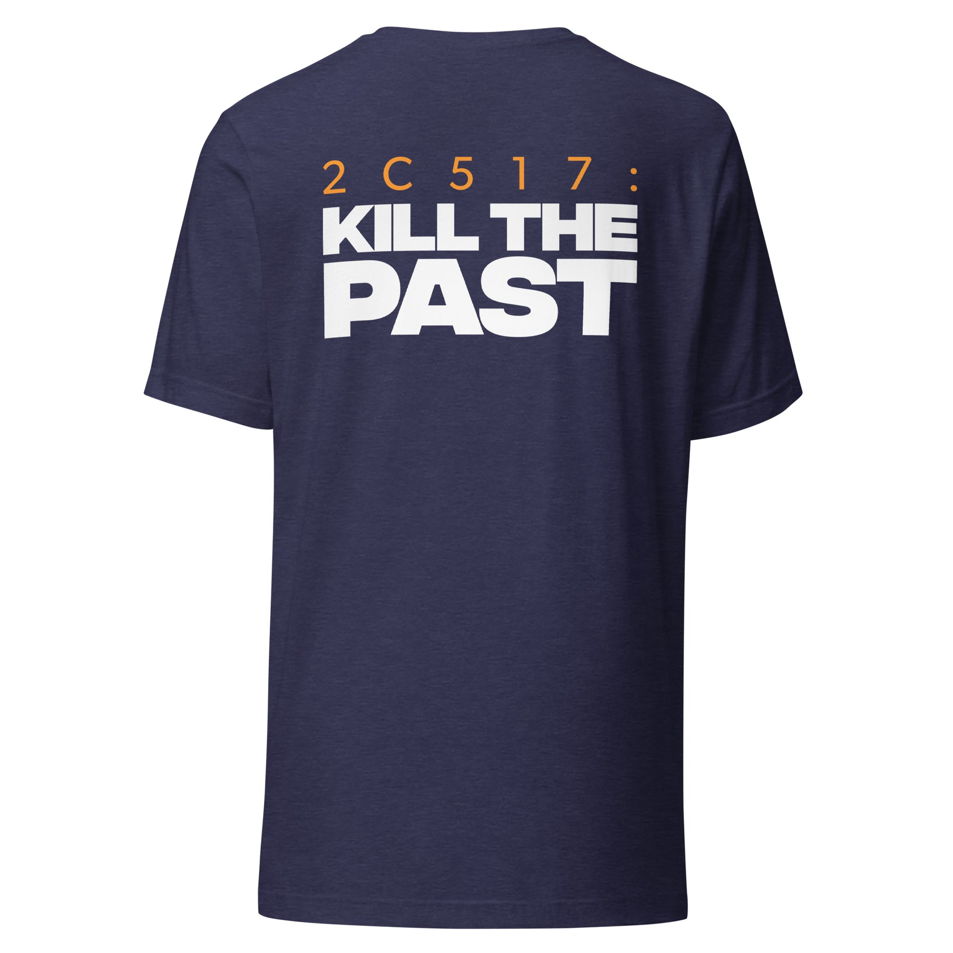 Men's Christian verse-code tee in heather navy — Kill The Past, 2 Corinthians 5:17 (2C517) | TRŪ Wear