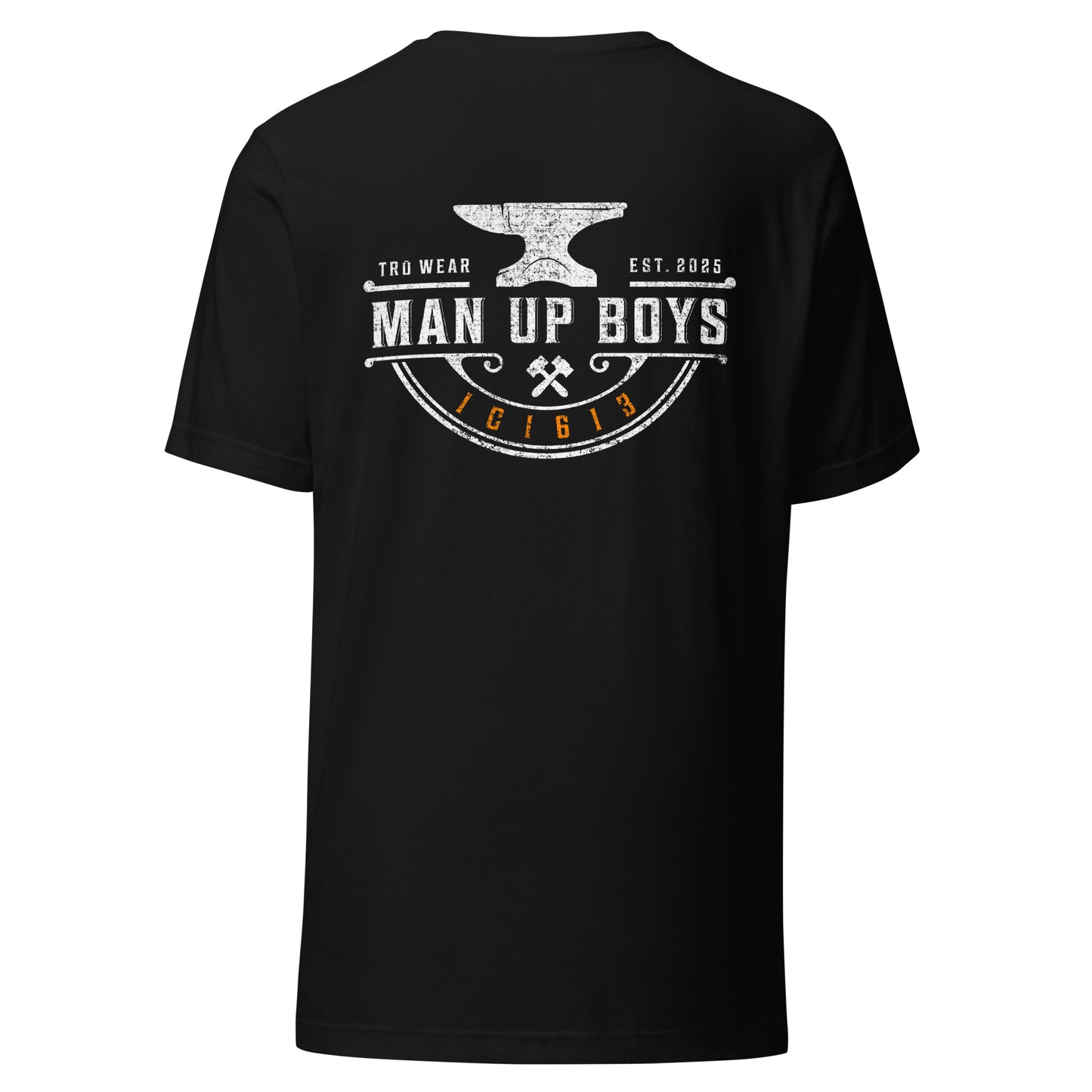 Men's Christian graphic tee in black with anvil and crossed tools design — Man Up Boys, 1 Corinthians 16:13 (1C1613)