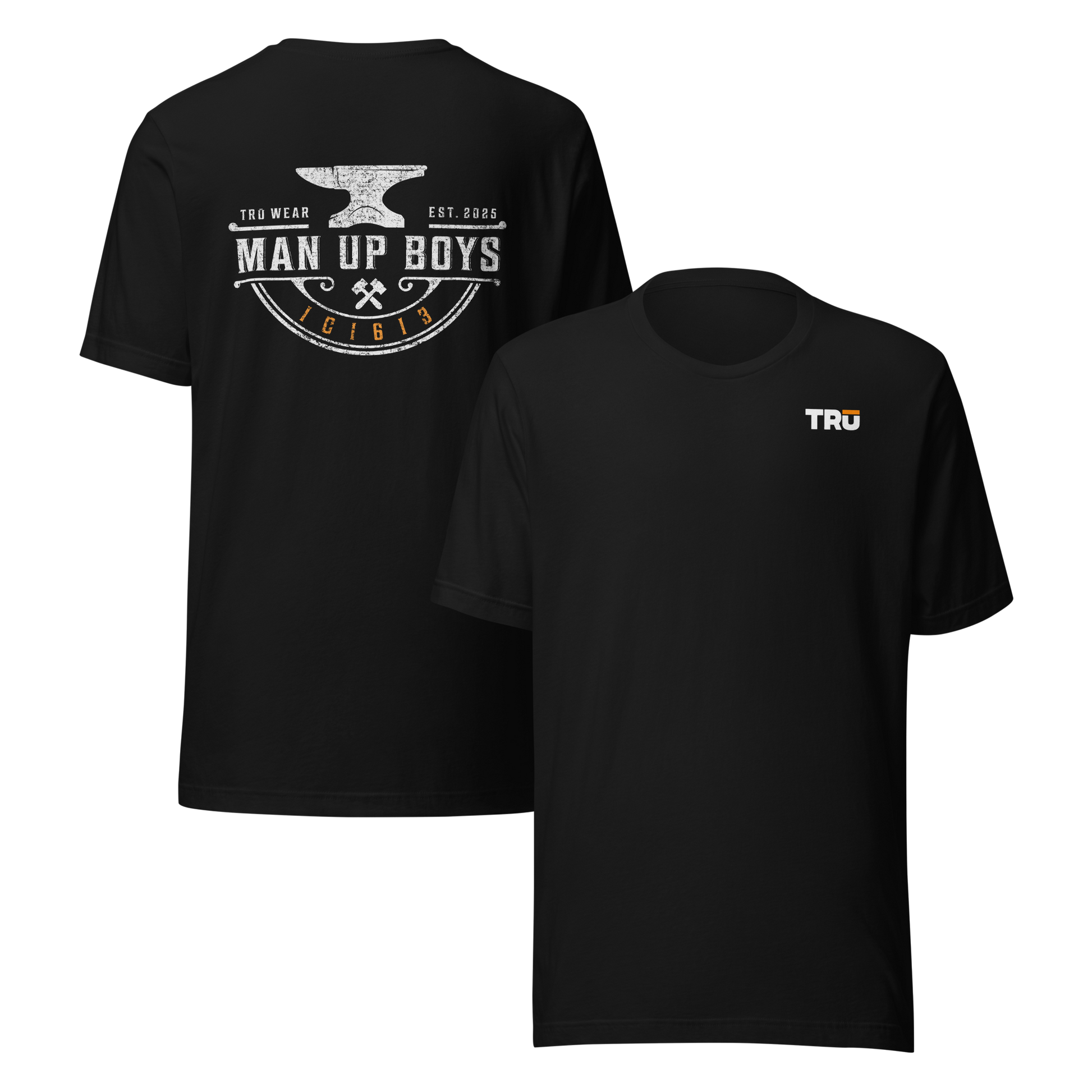 Black Man Up Anvil Tee front and back — Christian Scripture graphic tee for men, 1C1613