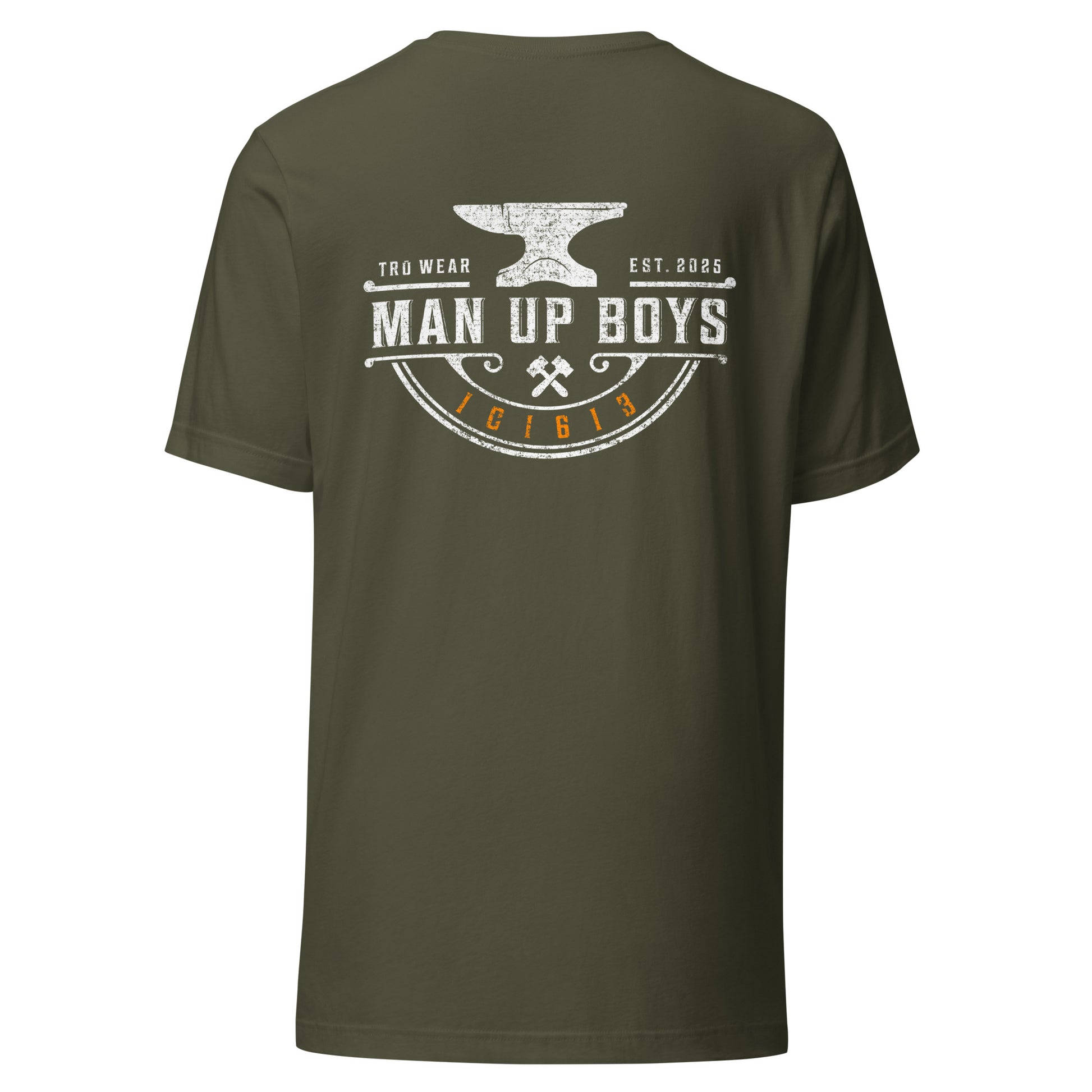 Military green men's Christian graphic tee with anvil and crossed tools design — 1 Corinthians 16:13 (1C1613)