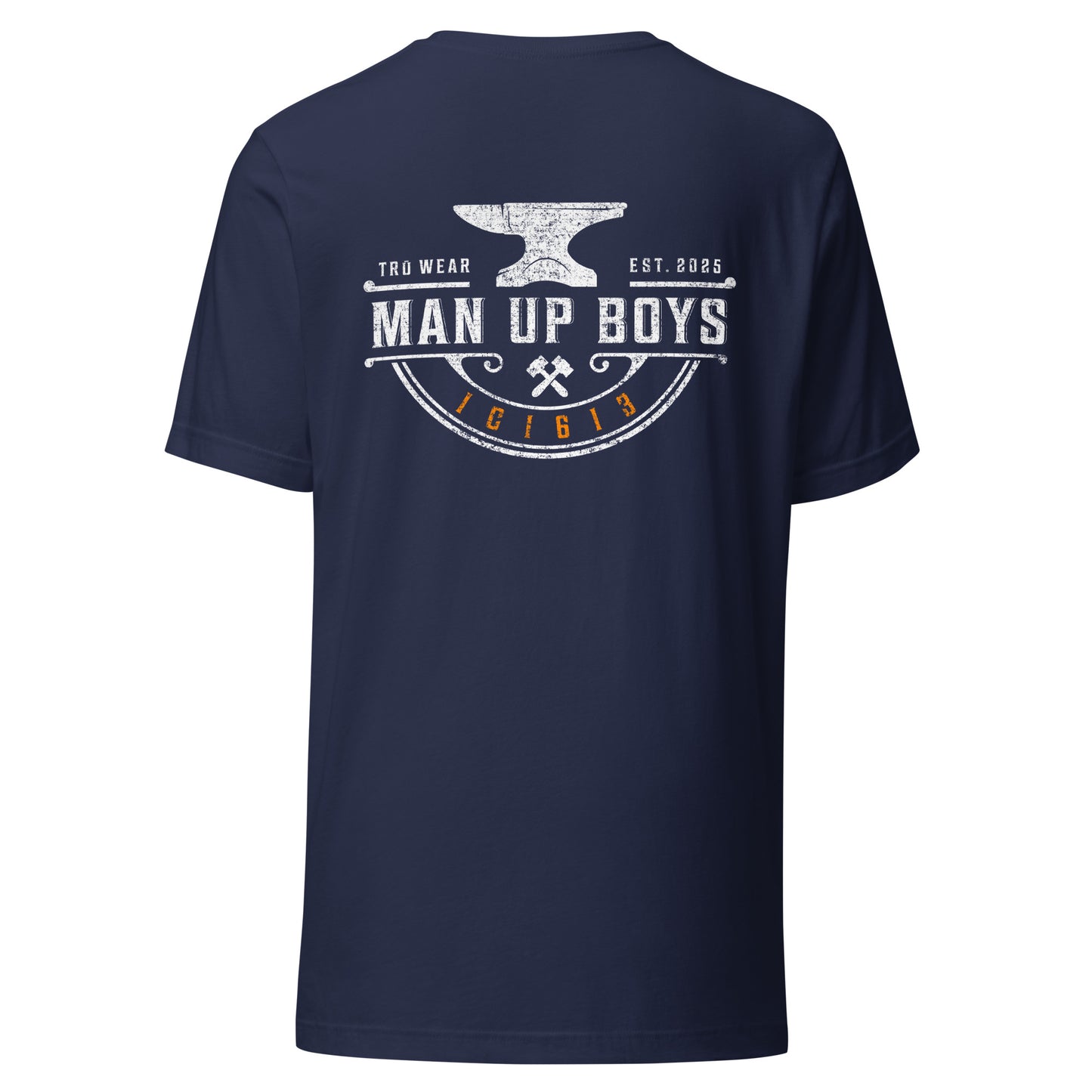 Navy men's Christian graphic tee with anvil and crossed tools design — Man Up Boys, 1 Corinthians 16:13 (1C1613)