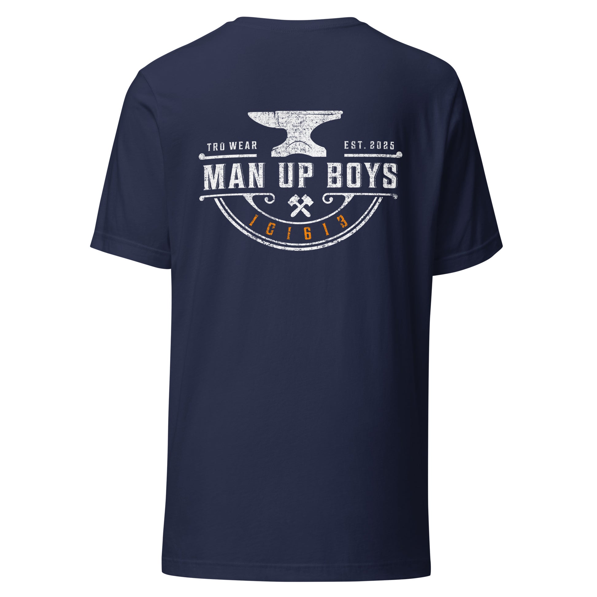 Navy men's Christian graphic tee with anvil and crossed tools design — Man Up Boys, 1 Corinthians 16:13 (1C1613)