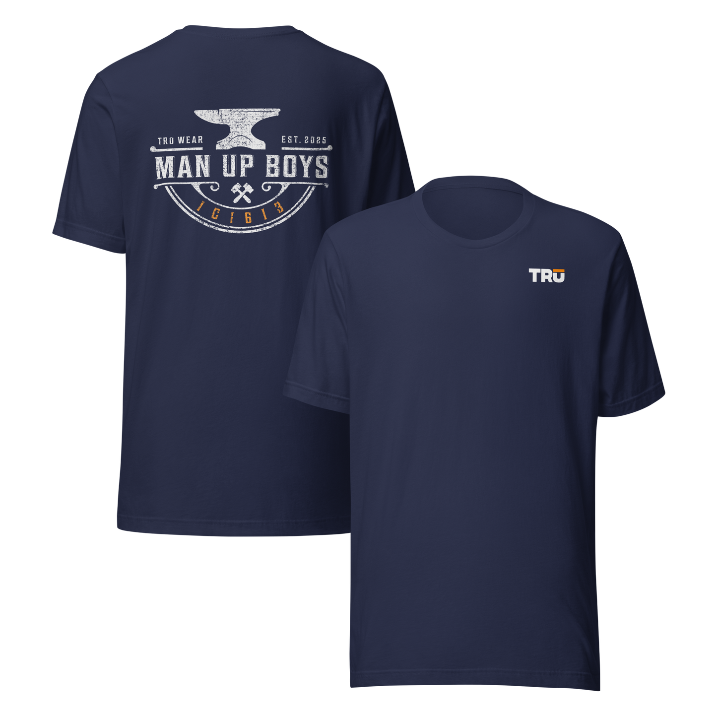 Navy Man Up Anvil Tee front and back — Christian Scripture graphic tee for men, 1C1613