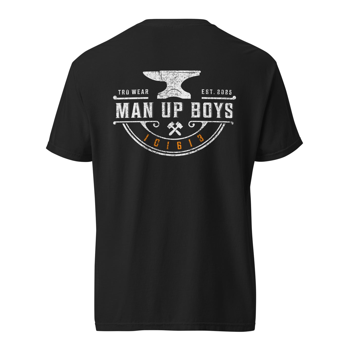 TRŪ Wear Man Up Boys heavyweight garment dyed men's Christian tee, back print, black, verse code 1C1613 for 1 Corinthians 16:13