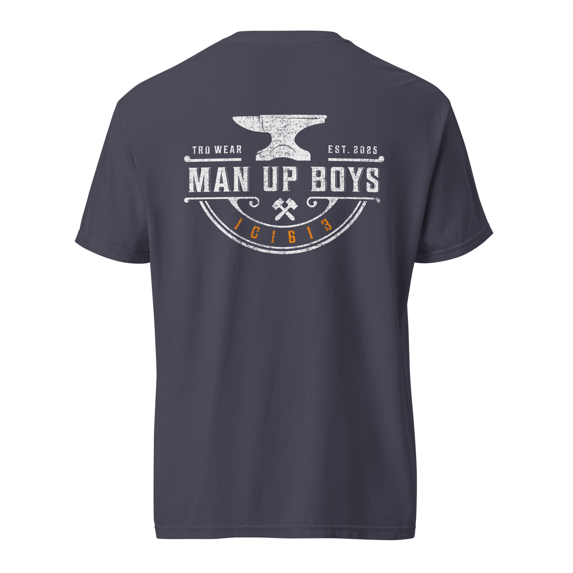Man Up Boys heavyweight garment dyed men's Christian tee, back print, navy blue, verse code 1C1613 for 1 Corinthians 16:13