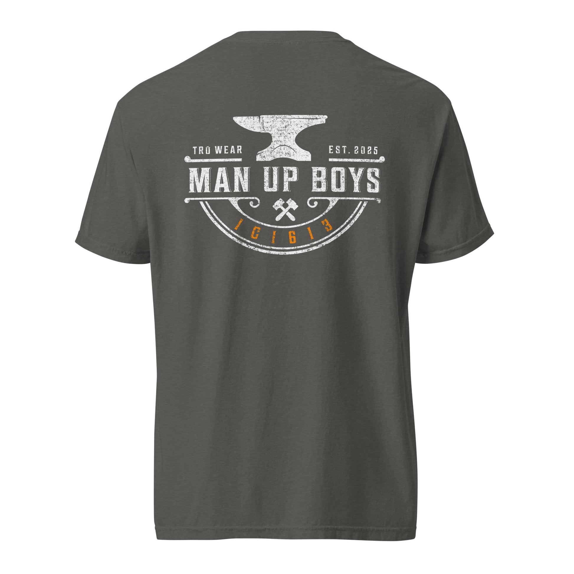 Man Up Boys heavyweight garment dyed men's Christian tee, back print, pepper grey, verse code 1C1613 for 1 Corinthians 16:13