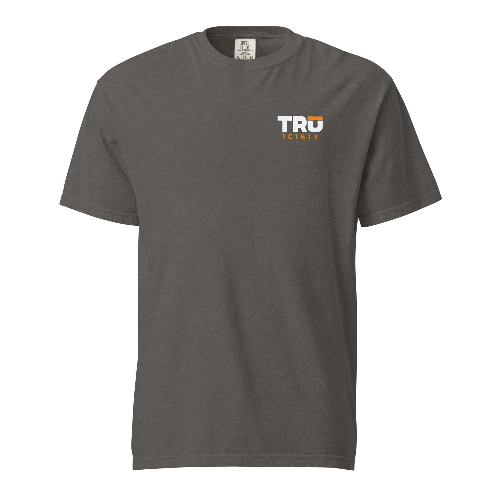 Man Up Boys heavyweight garment dyed men's Christian tee, front, pepper grey, TRŪ chest logo with verse code 1C1613 for 1 Corinthians 16:13