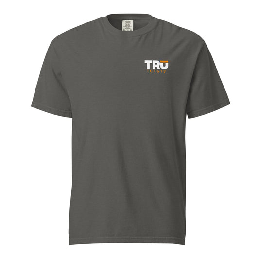 Man Up Boys heavyweight garment dyed men's Christian tee, front, pepper grey, TRŪ chest logo with verse code 1C1613 for 1 Corinthians 16:13