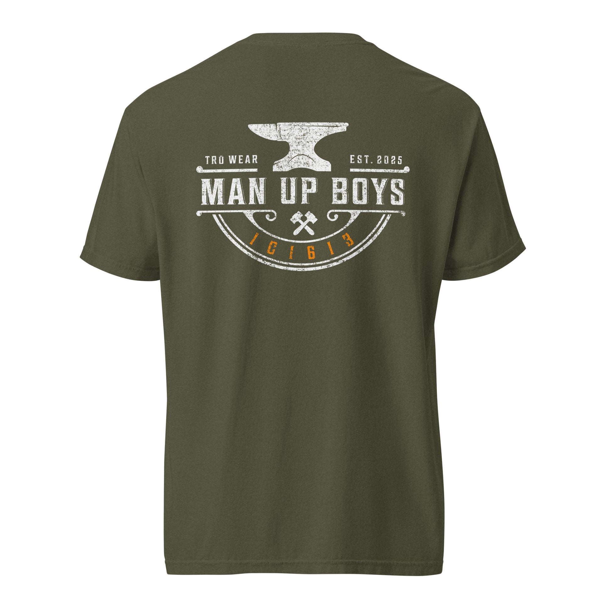 TRŪ Wear Man Up Boys heavyweight garment dyed men's Christian tee, back print, sage green, verse code 1C1613 for 1 Corinthians 16:13