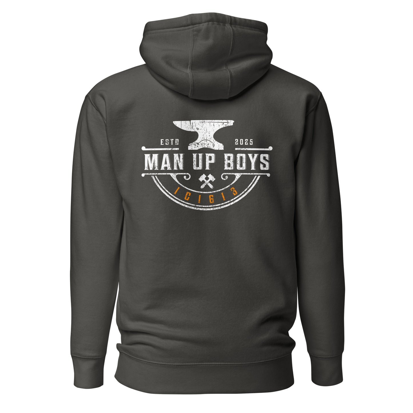 Man Up Boys Hoodie vintage black back view - 1C1613 verse code - TRU Wear Christian men's Scripture hoodie