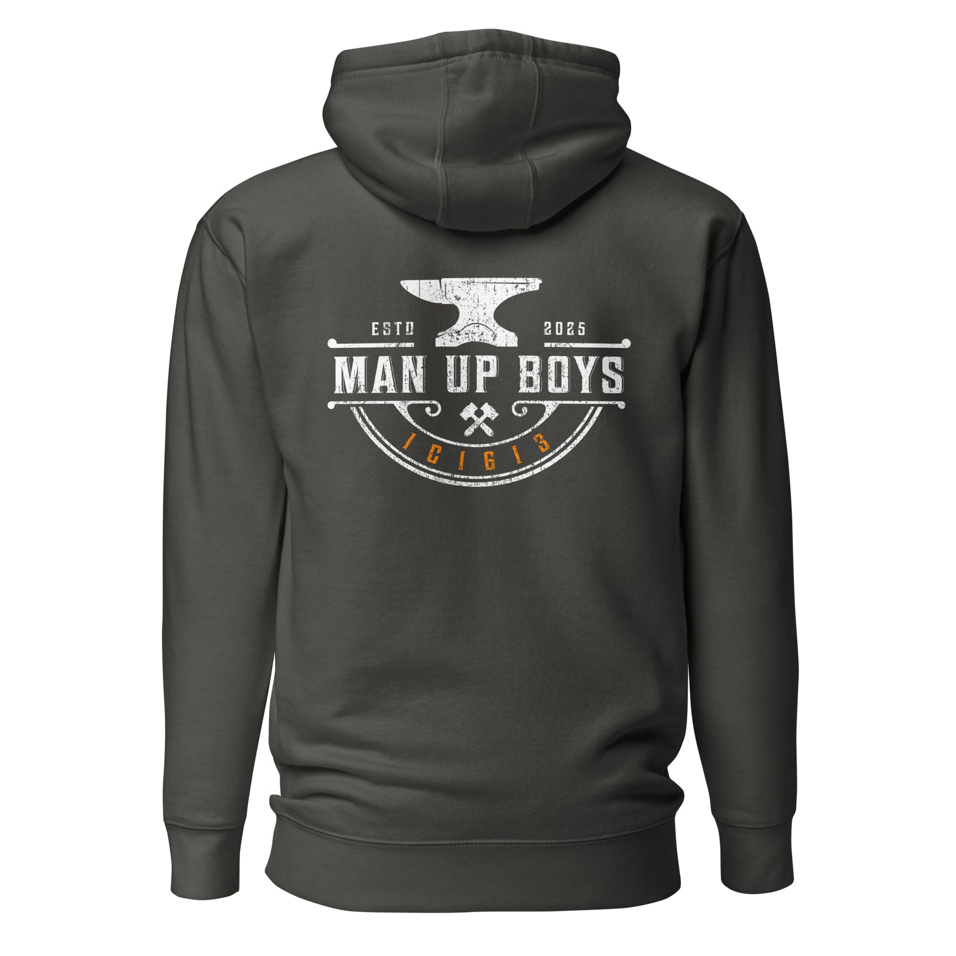 Man Up Boys Hoodie vintage black back view - 1C1613 verse code - TRU Wear Christian men's Scripture hoodie