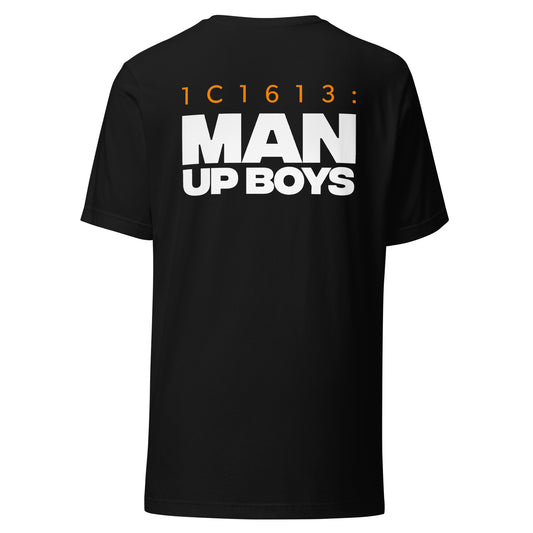 Men's Christian verse-code tee in black — Man Up, 1 Corinthians 16:13 (1C1613) | TRŪ Wear