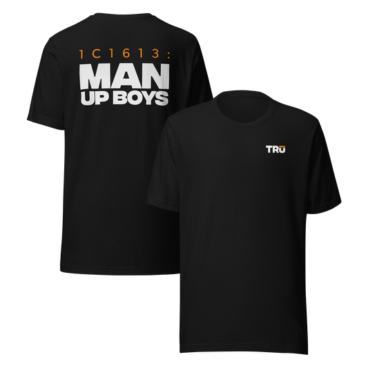 Men's Christian verse-code tee in black — Man Up, 1 Corinthians 16:13 (1C1613) | TRŪ Wear