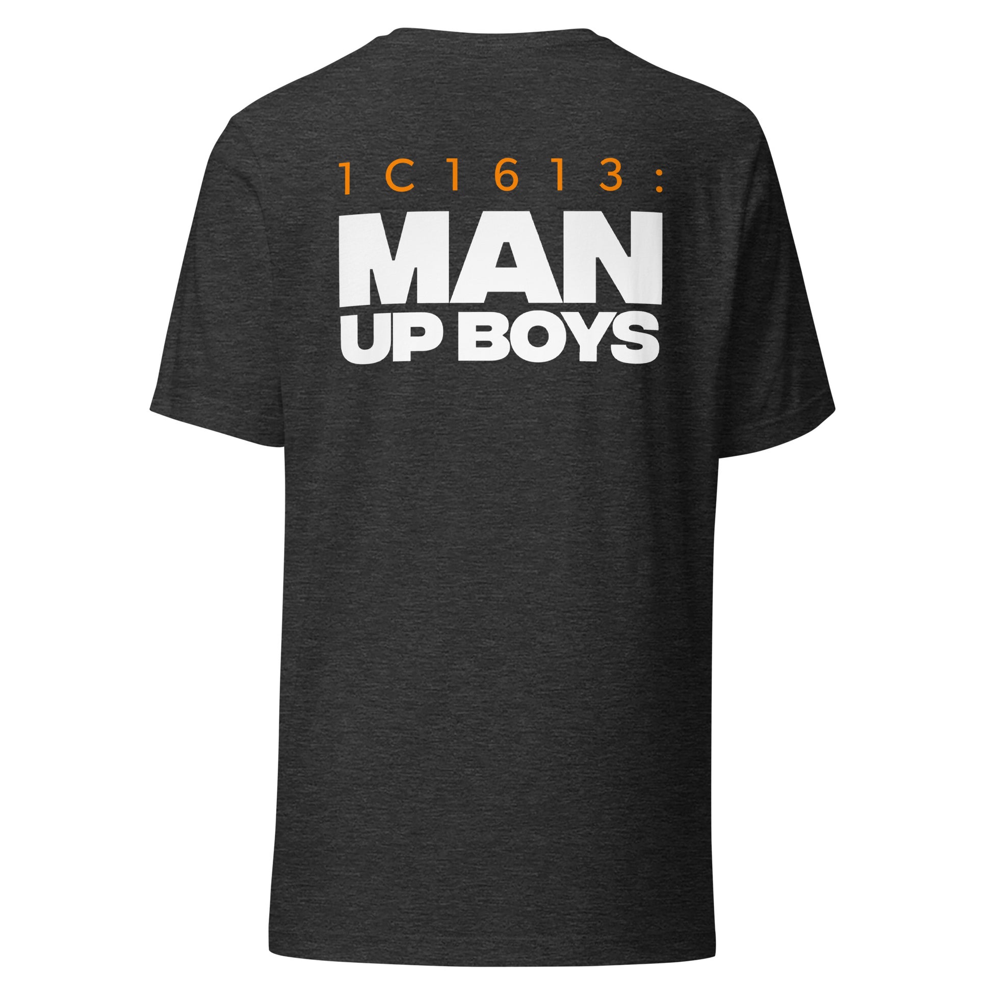 Men's Christian verse-code tee in dark grey heather — Man Up, 1 Corinthians 16:13 (1C1613) | TRŪ Wear