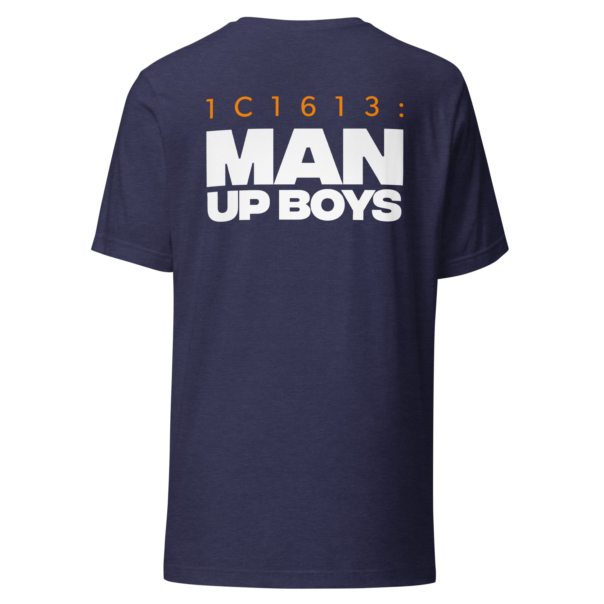 Men's Christian verse-code tee in heather navy — Man Up, 1 Corinthians 16:13 (1C1613) | TRŪ Wear