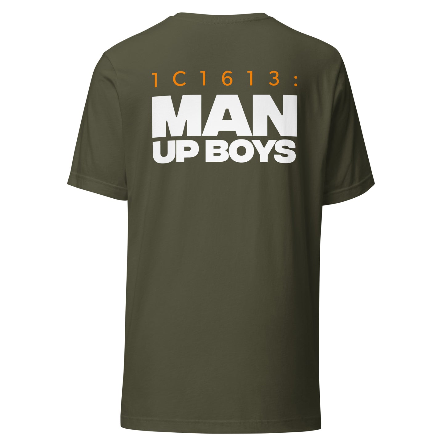 Men's Christian verse-code tee in military green — Man Up, 1 Corinthians 16:13 (1C1613) | TRŪ Wear