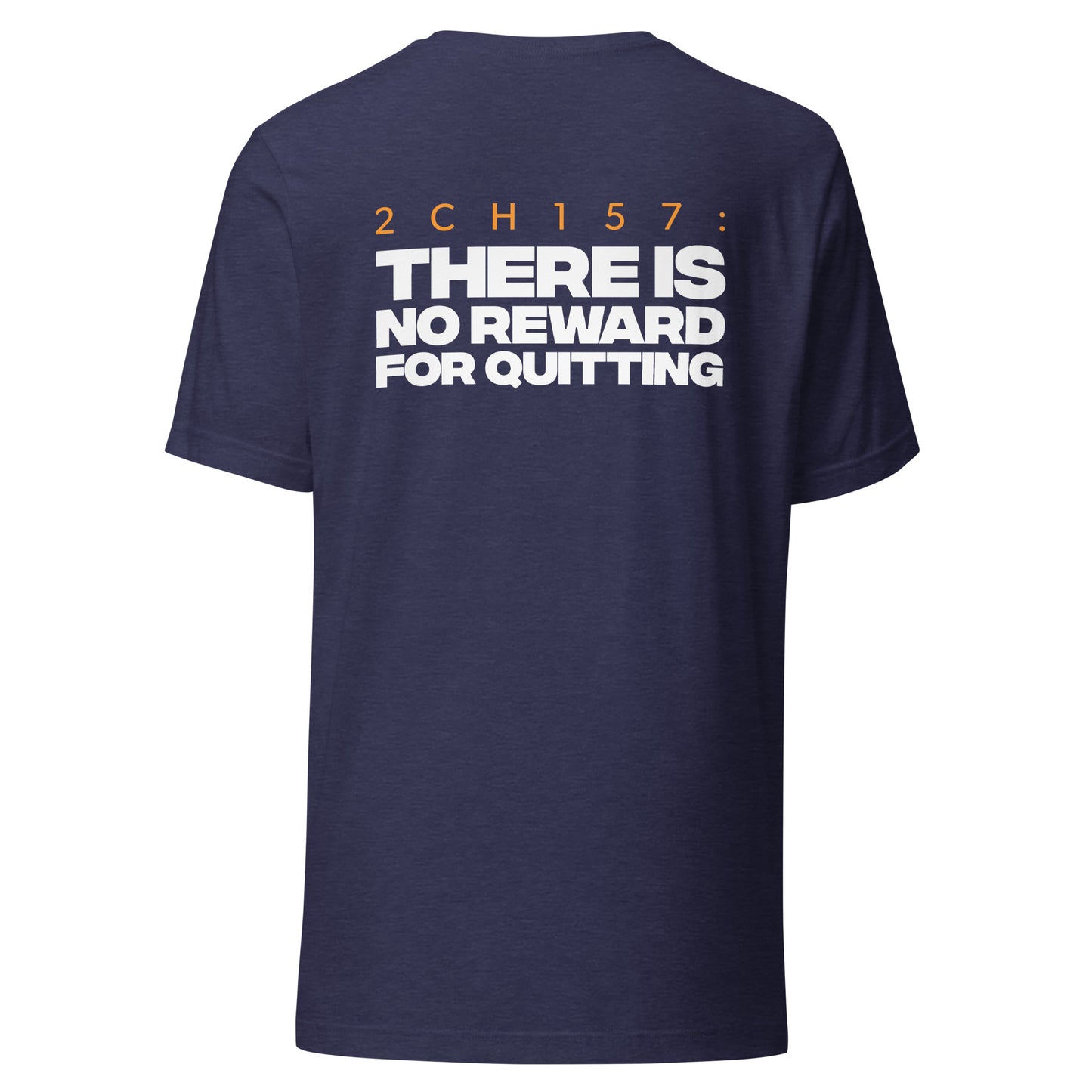 Men's Christian verse-code tee in heather navy — No Reward For Quitting, 2 Chronicles 15:7 (2CH157) | TRŪ Wear