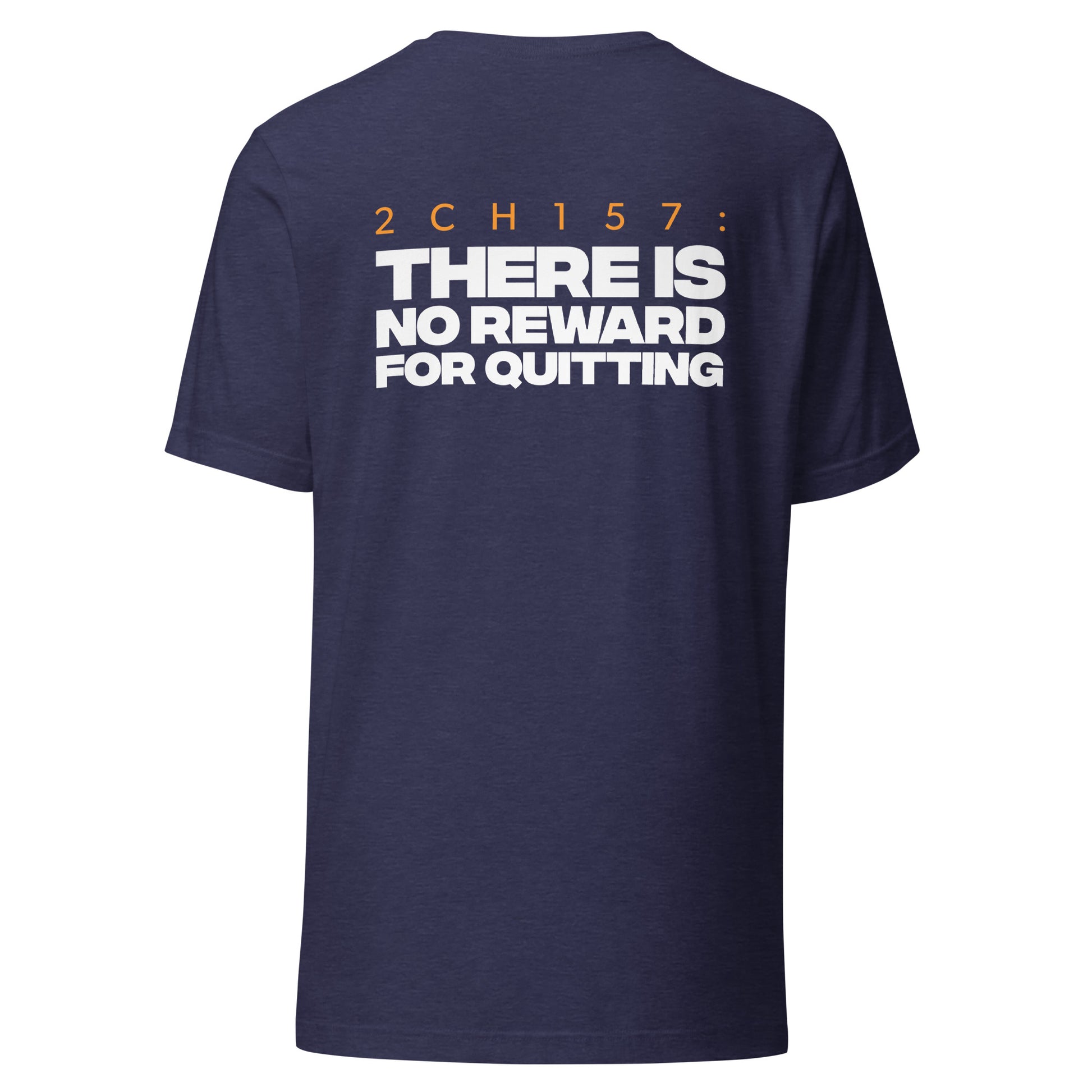 Men's Christian verse-code tee in heather navy — No Reward For Quitting, 2 Chronicles 15:7 (2CH157) | TRŪ Wear