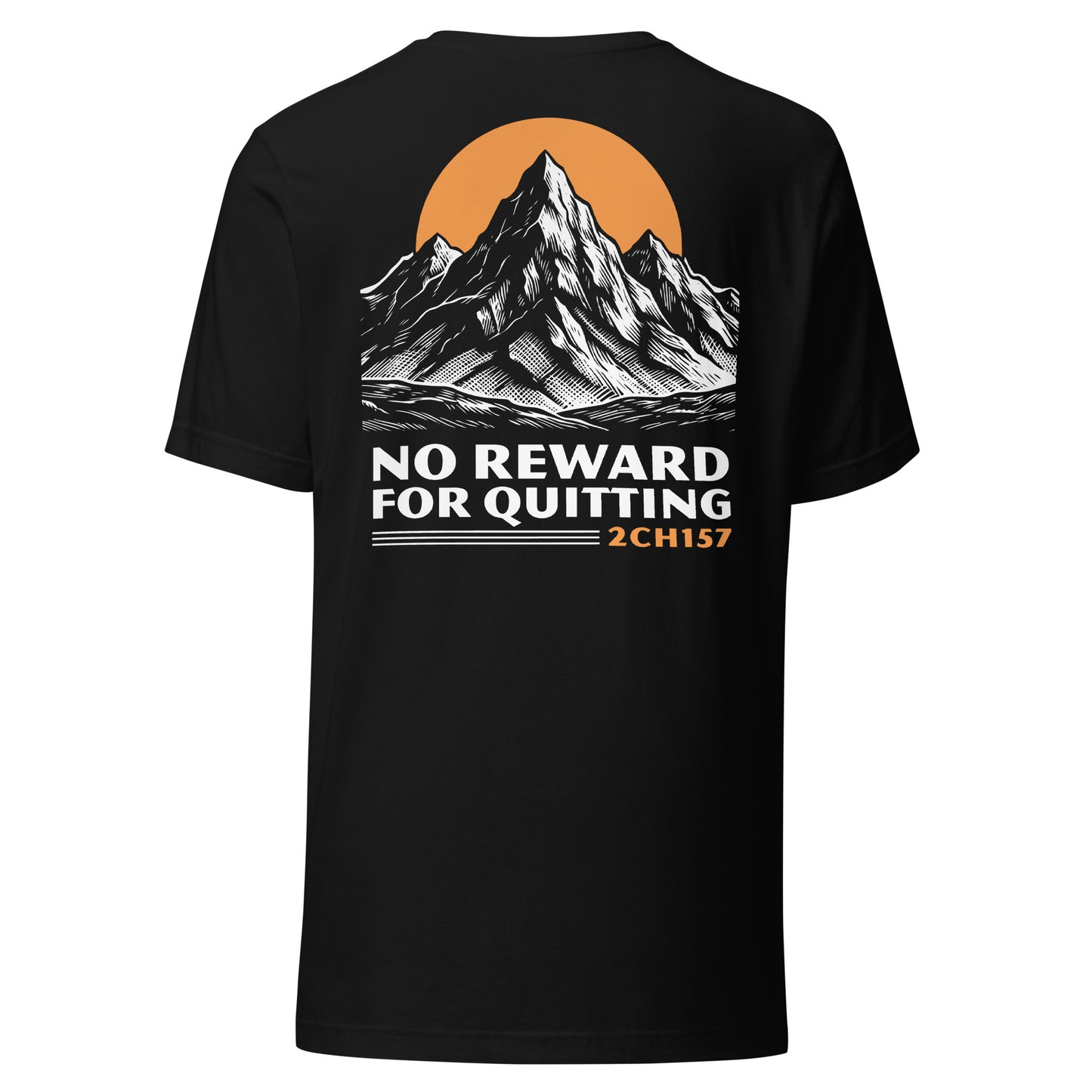 
Men's Christian tee in black — No Reward For Quitting mountain graphic, 2 Chronicles 15:7 (2CH157)