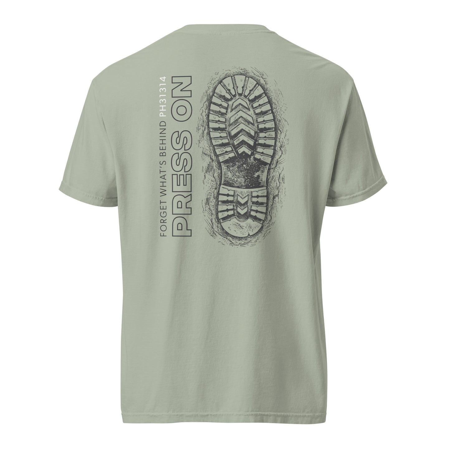 Men’s garment-dyed Christian tee in bay with boot sole graphic and Press On design — Philippians 3:13-14 (PH31314)