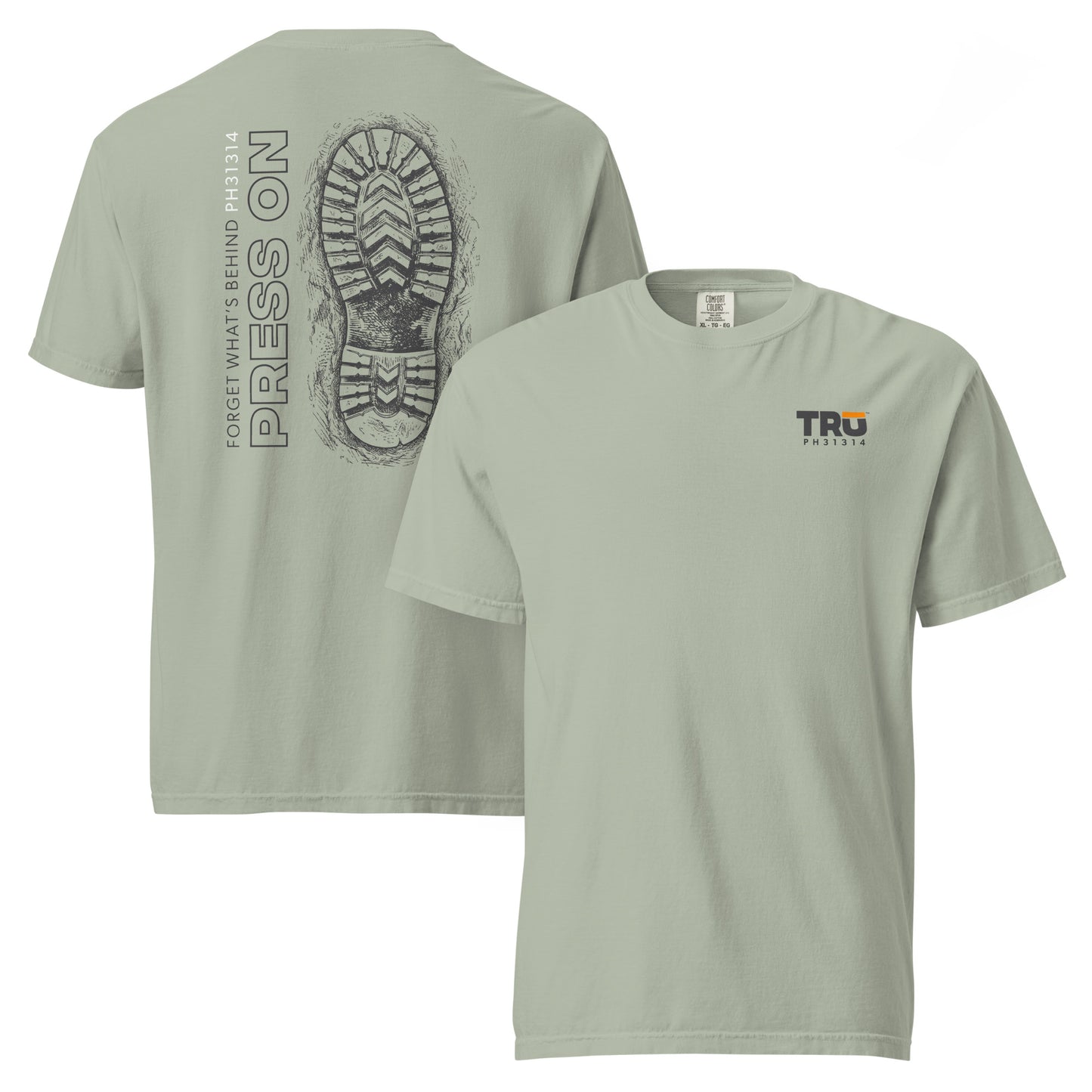 Bay Press On Garment Dyed Tee front and back — Christian men’s Scripture tee on Comfort Colors, Philippians 3:13-14 (PH31314)