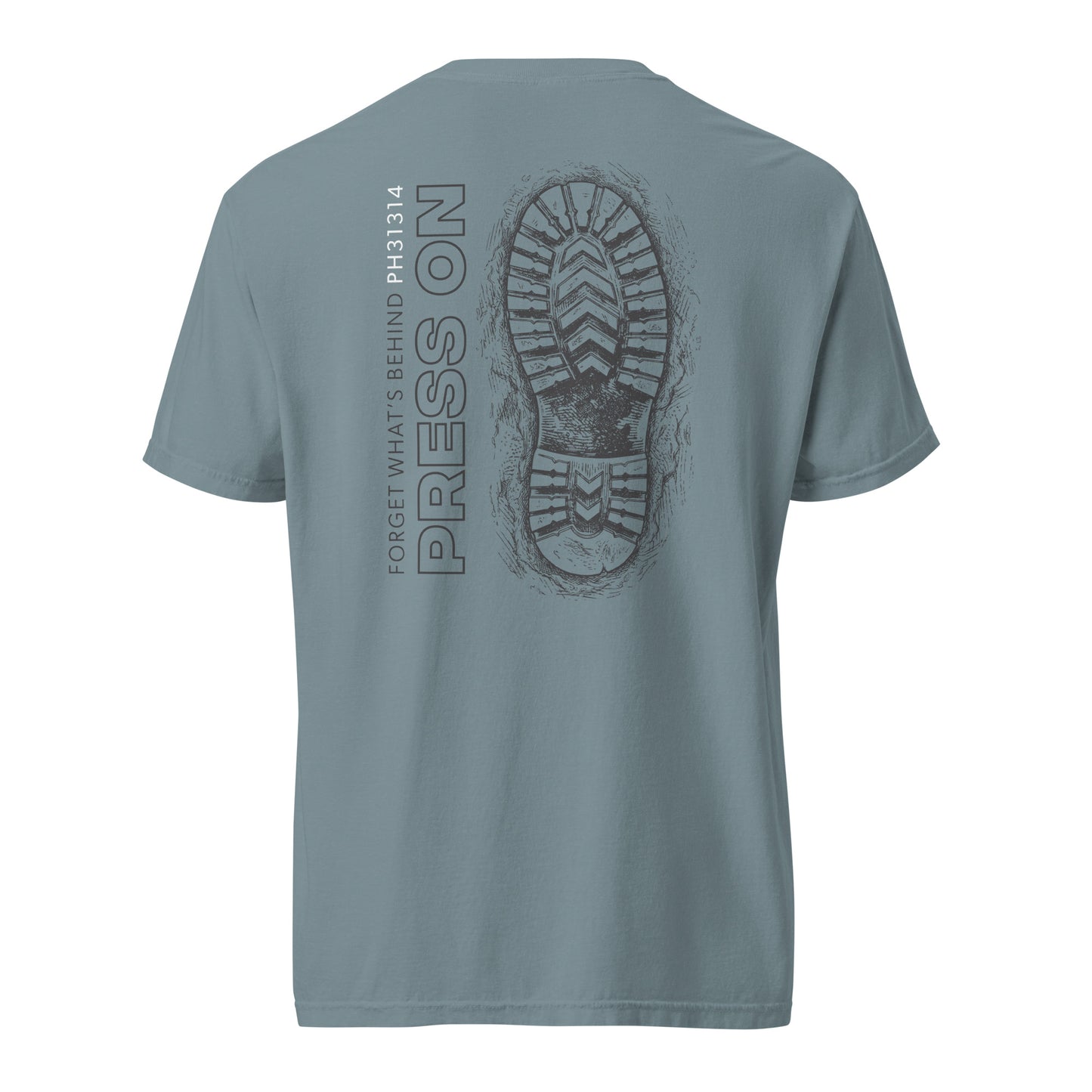 Men’s garment-dyed Christian tee in ice blue with boot sole graphic and Press On design — Philippians 3:13-14 (PH31314)