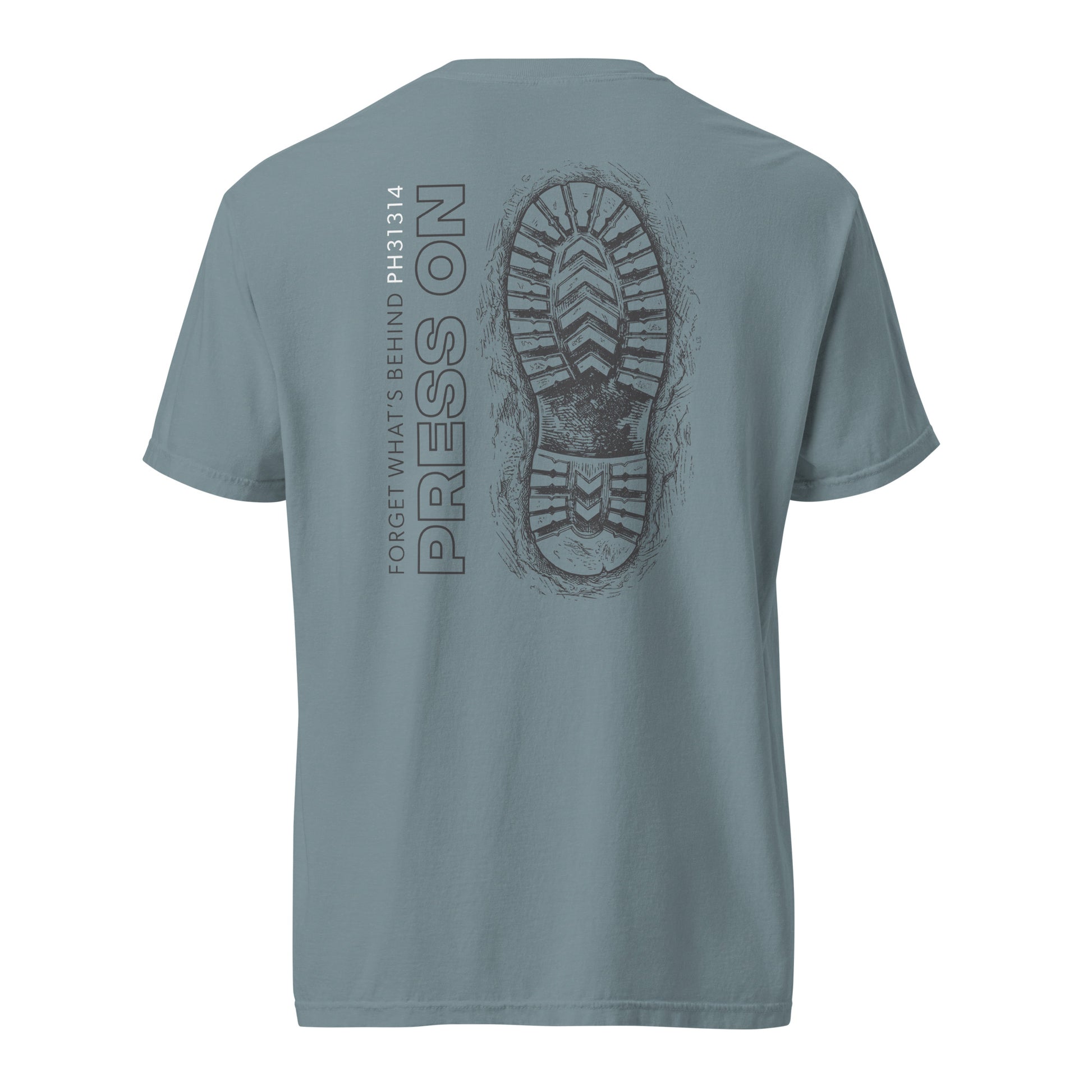 Men’s garment-dyed Christian tee in ice blue with boot sole graphic and Press On design — Philippians 3:13-14 (PH31314)