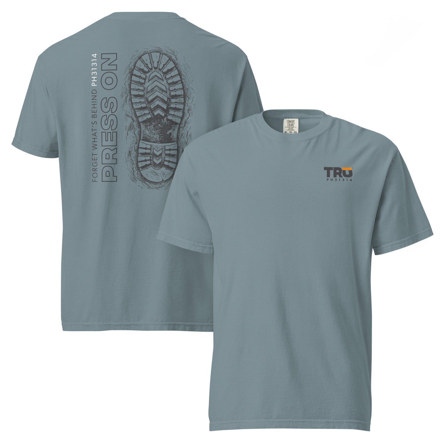 Ice Blue Press On Garment Dyed Tee front and back — Christian men’s Scripture tee on Comfort Colors, Philippians 3:13-14 (PH31314)