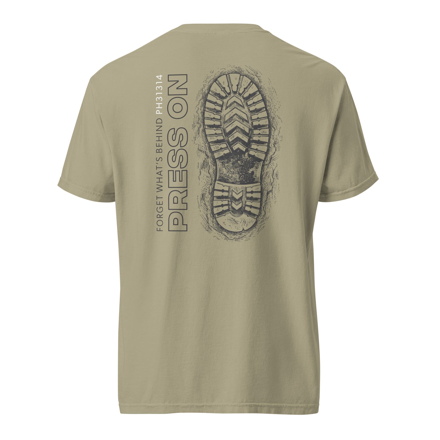 Men’s garment-dyed Christian tee in khaki with boot sole graphic and Press On design — Philippians 3:13-14 (PH31314)